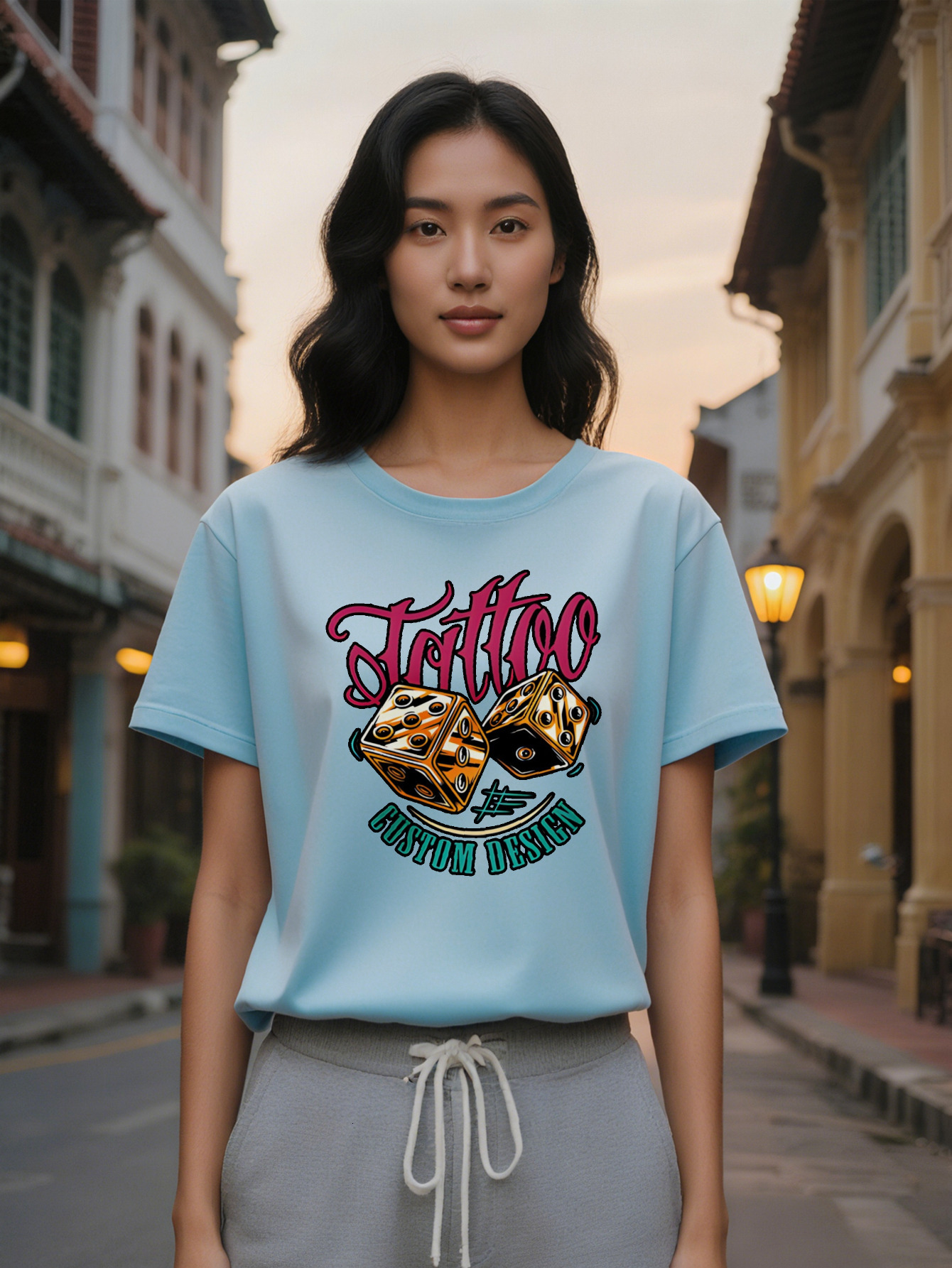 Large XL Women's Casual Short Sleeve T-Shirt with Dice Print Black Round Neck Summer Top Washable Regular Fit Tee Women Plus Size