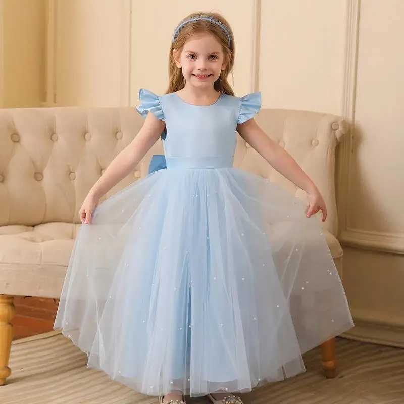 Girls New Pearl Mesh Flying Sleeve Butterfly Sweet and Cute Long Princess Dress for School Performance Runway Dress Z250904