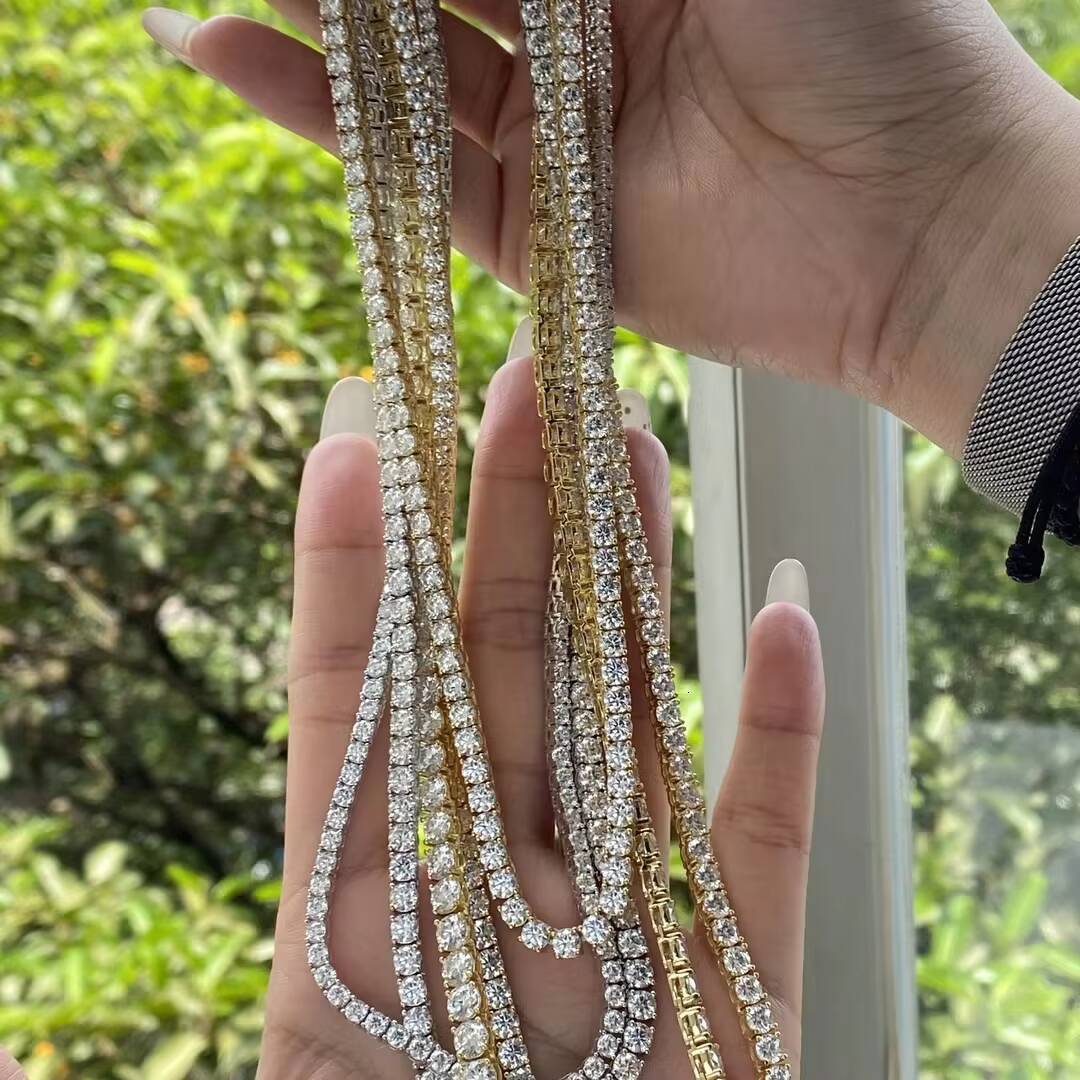 Wholesale D VVS Round 3MM 4MM 5MM 6MM Men Plated White Gold Moissanite Tennis Chain S925 Sterling Silver