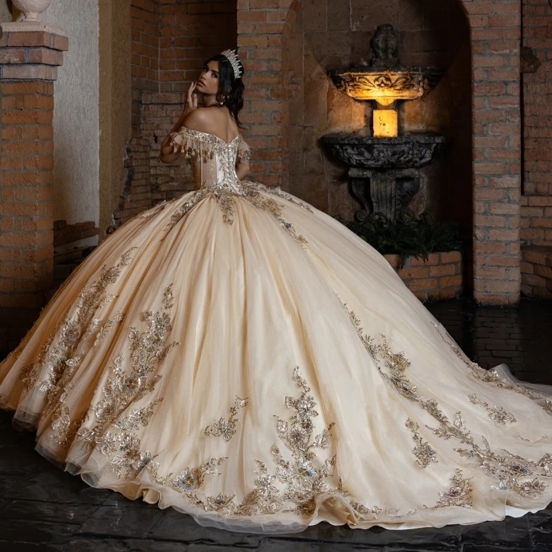 Champagne Shiny Quinceanera Dresses Ball Gown Off The Shoulder Applique Lace Beading Crystal Sweet 16 Dress Vestidos 15 Anos