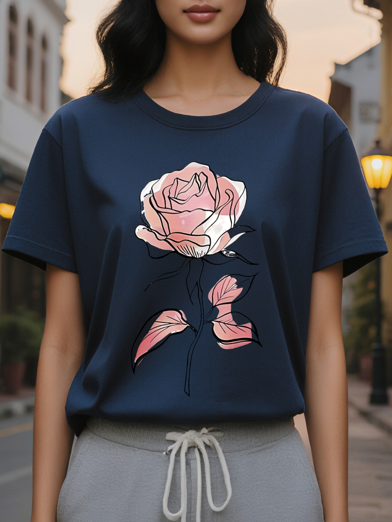 Women's elegant sleeve round neck T-shirt, soft pink rose print, medium stretch, hine wash top, autumn and winter casual