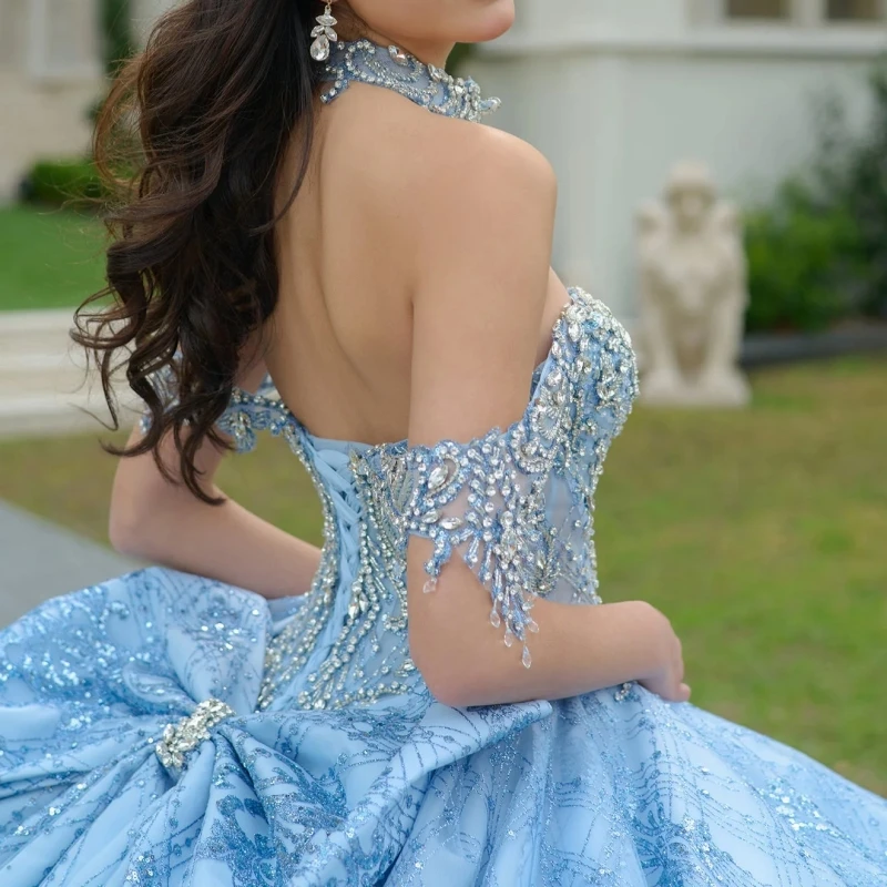 Sky Blue Shiny Quinceanera Dresses Ball Gown Off The Shoulder Sequin Applique Beading Crystal Bow Tull Sweet 16 Dress Vestidos 15 Anos