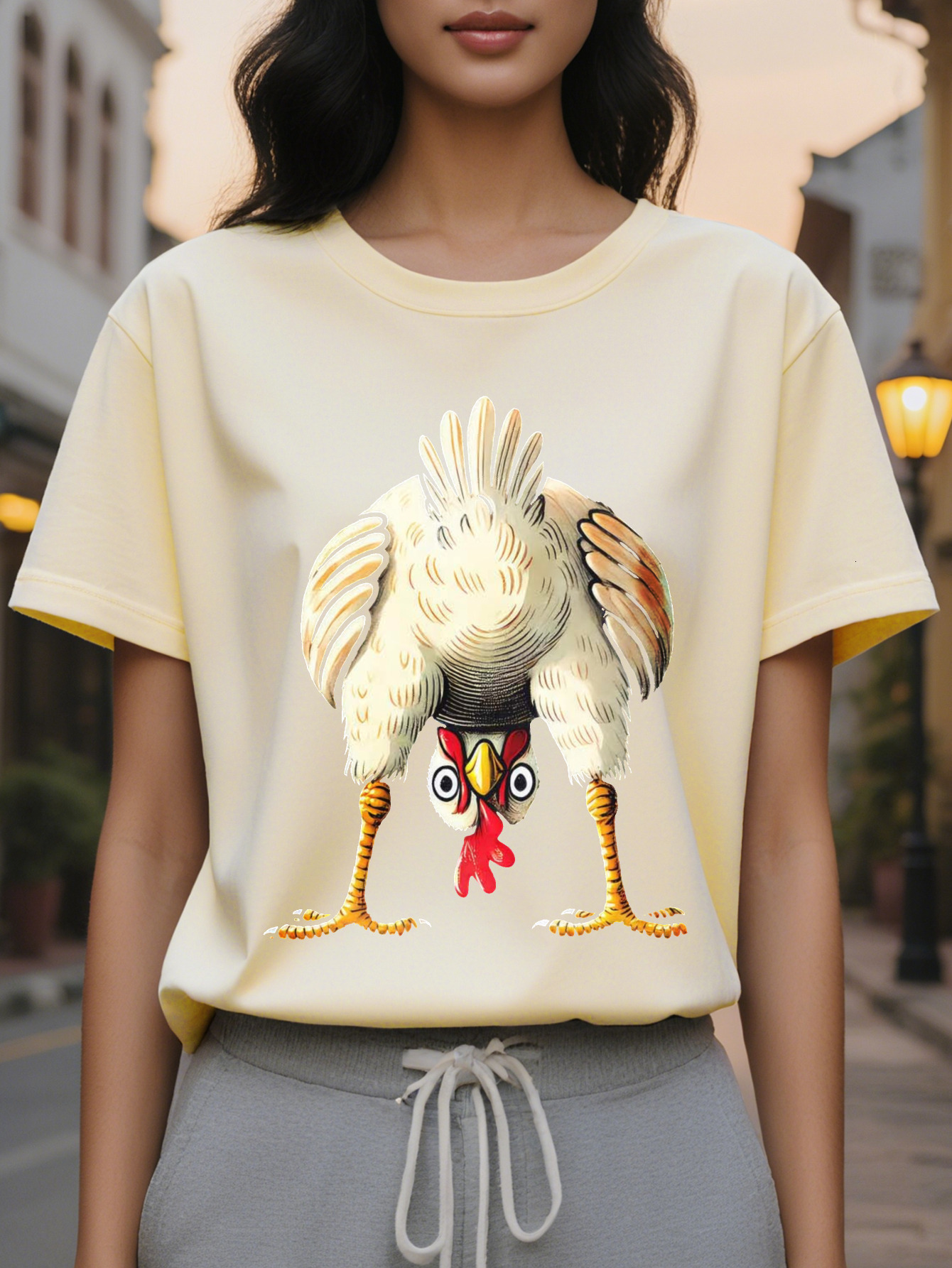 Women's Interesting Chicken Pattern Short Sleeve T-Shirt Black Round Neck Casual Jacket Cartoon Washable