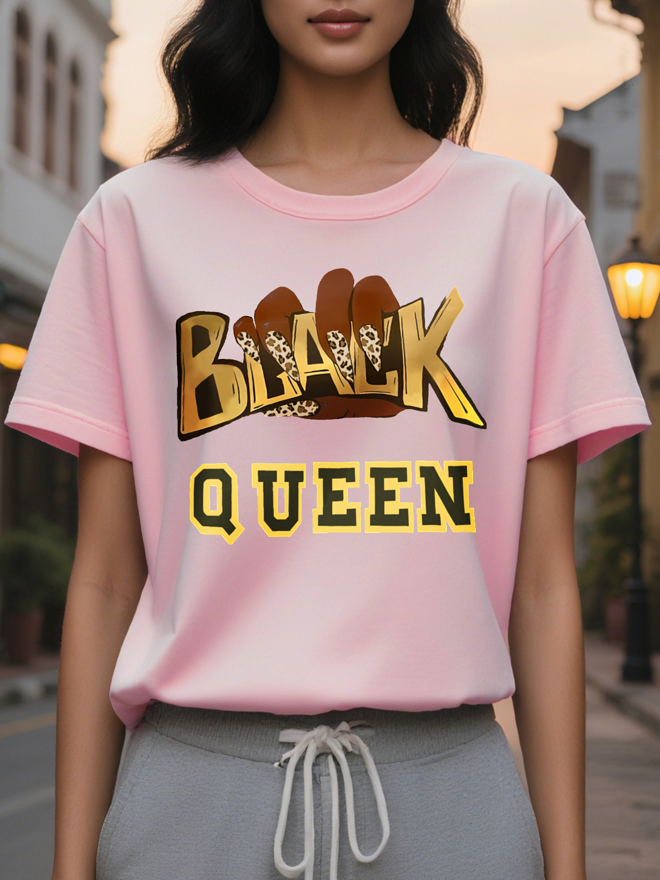 Large XL Women S Black Queen Graphic T-Shirt Beige Crew Neck Tee with Bold Golden Lettering Casual Everyday Formal Outfits Plus Size