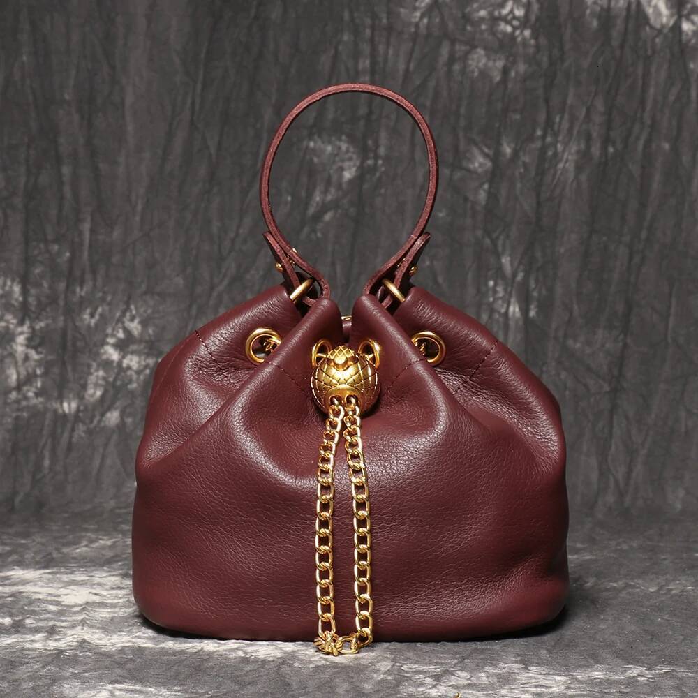 LUOKIR New Metal Drawstring Versatile Women's Handbag Genuine Leather Chain Crossbody Vintage Bucket Mobile Phone Bag