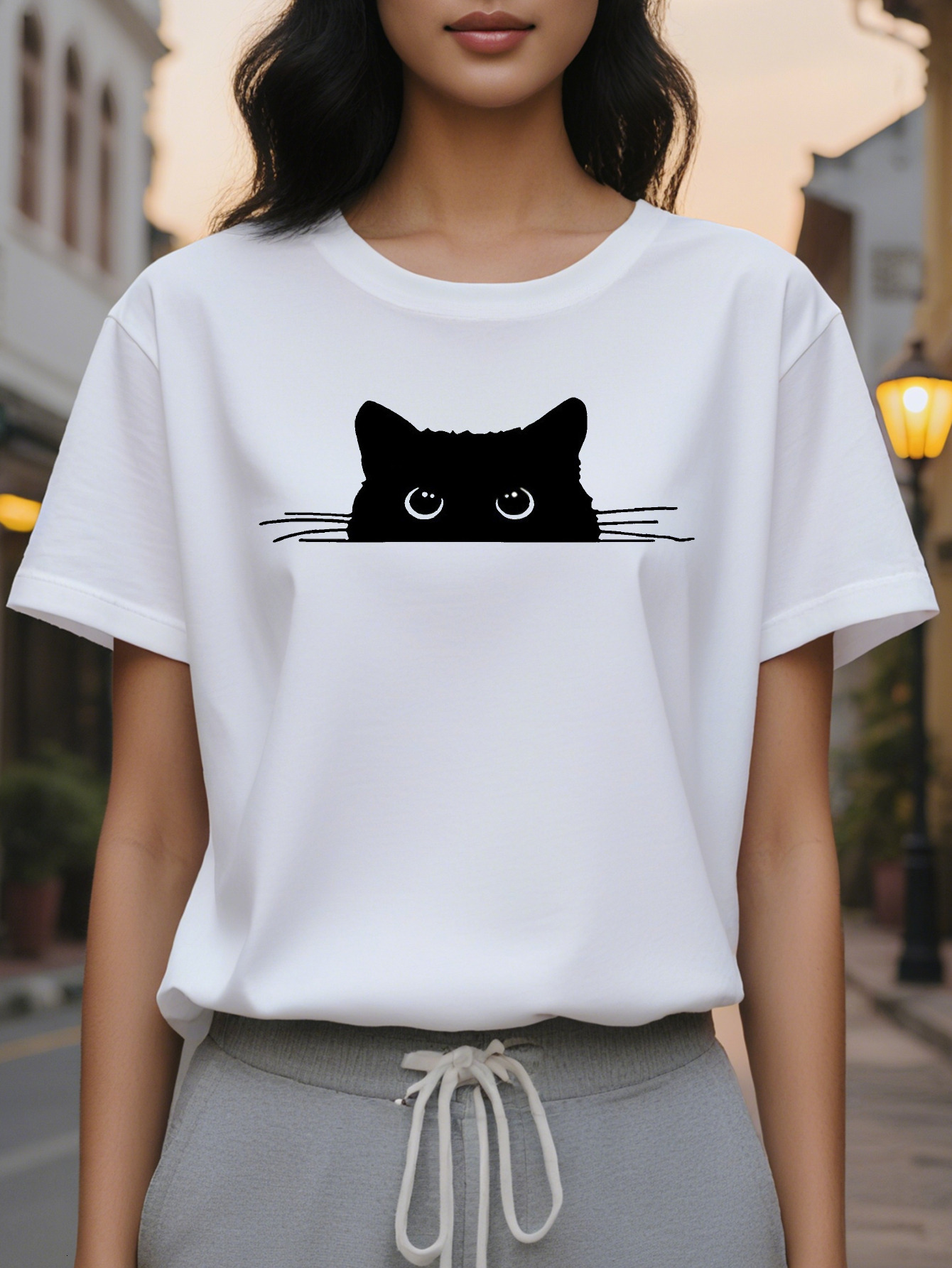 Cat Print T-Shirt Short Sleeve Round Neck Casual Top Summer And Spring Women