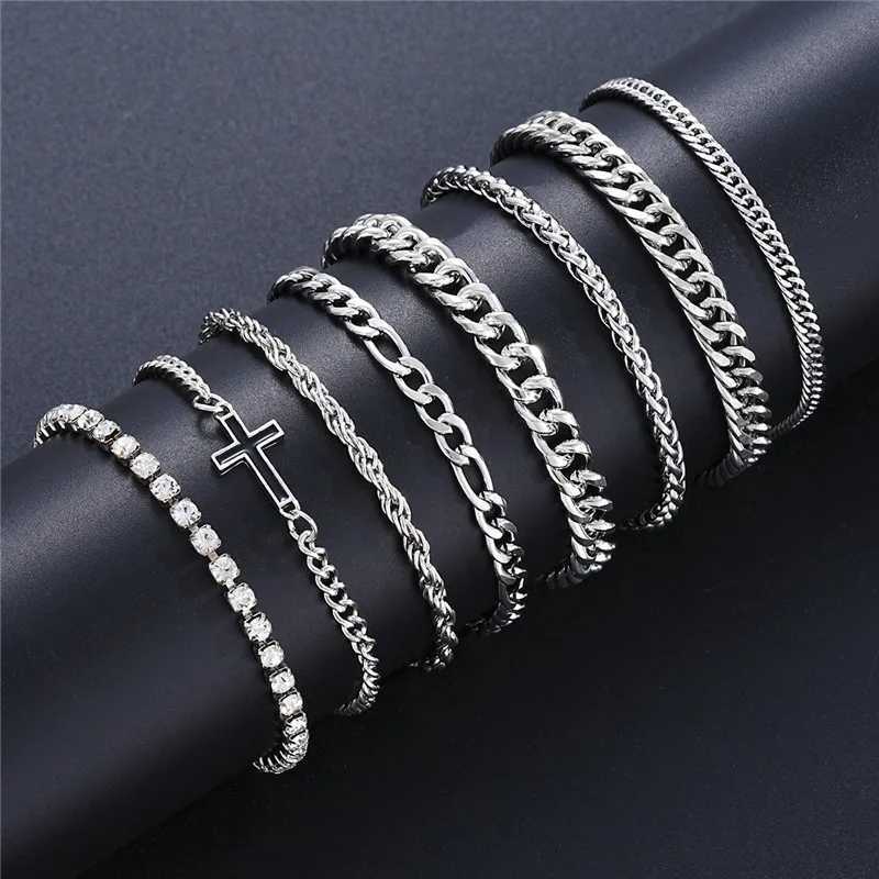 8 pcs Stainless Steel Cuban Chain Bracelet for Men Women Figaro Vintage Metal Viking Kpop Pulseras Luxury Cross Jewelry Gift W250904
