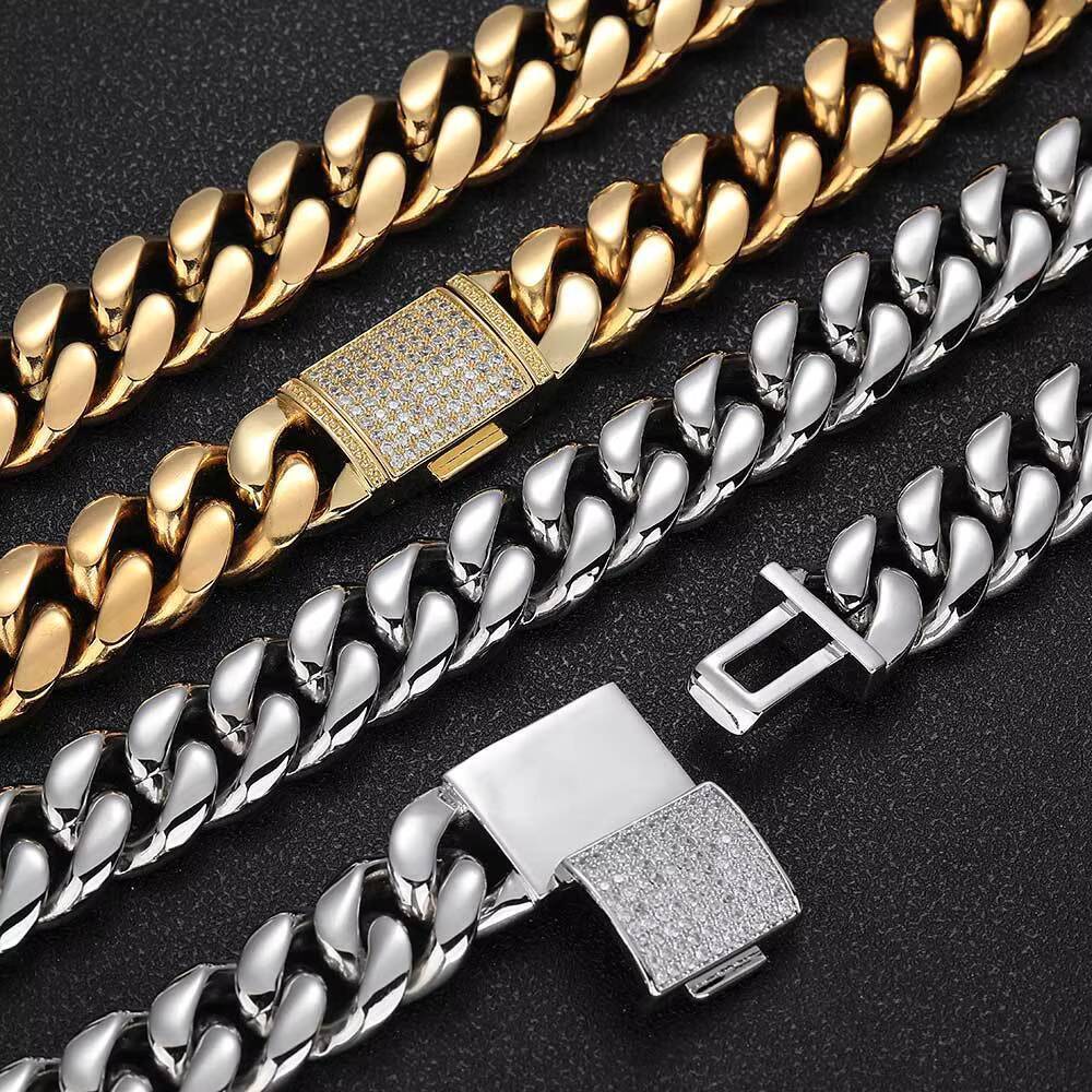 Hip Hop Jewelry Accessories 18Mm Stainless Steel Cuban Link Gold Plated Inlaid Moissanite Miami Cuban Link Necklace MenS Jewelry