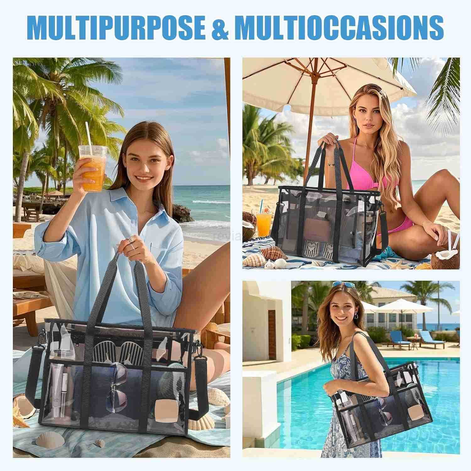 Womens Clear Beach Bag with Detachable Phone Pouch Foldable Waterproof Clear Tote Bags for Beach Pool StadiumW250904