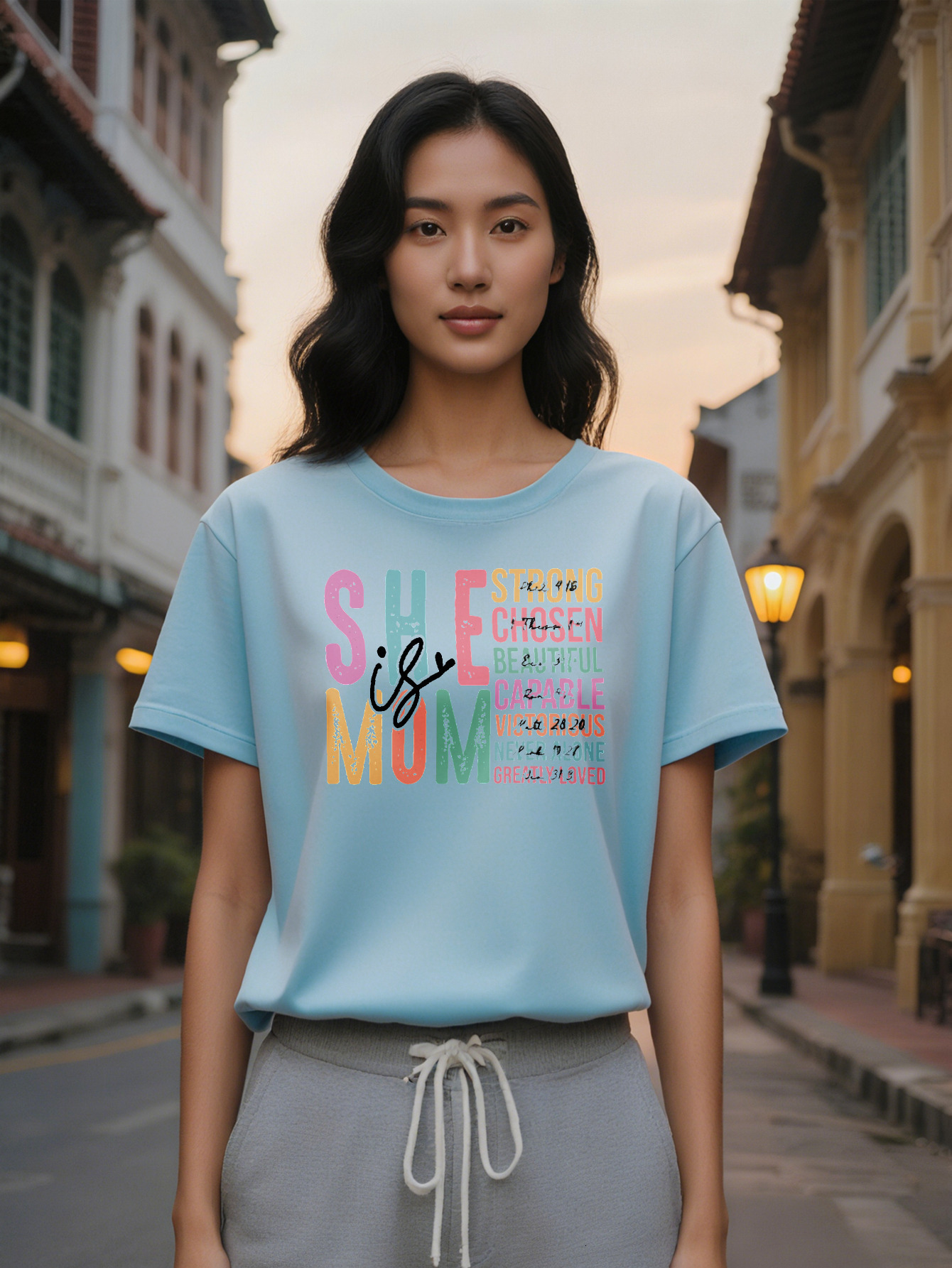 Lady Casual Crew Neck T-Shirt with Colorful She Mom Graphic Strong Chosen Beautiful Capable Victorious Never Alone