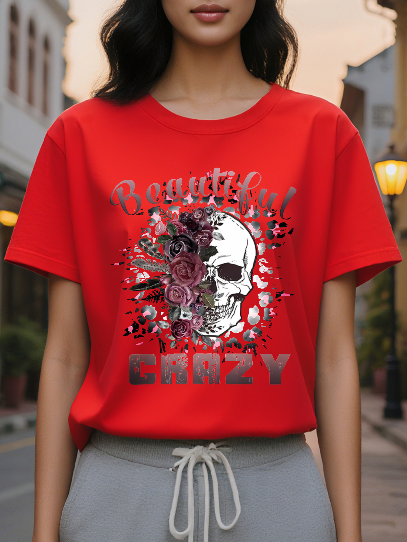 Beautiful Crazy Ladies T-Shirt Black Skull Pink Letter Printing Spring and Summer Casual Loose Short Sleeve Round Neck