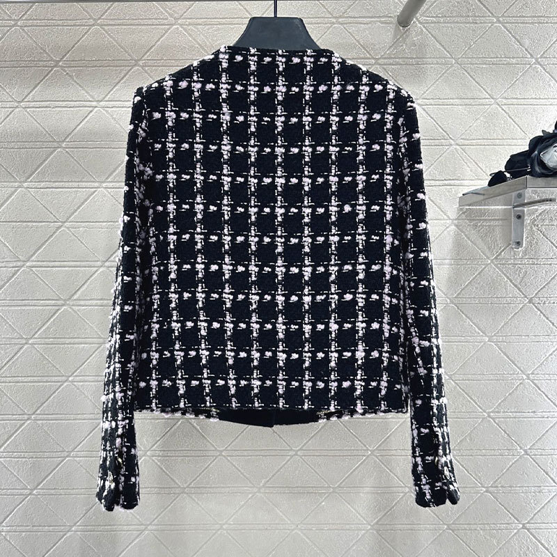 Luxury Retro Ladies Black Tweed Check Stripe Coat, Round Neck Button Down Oversized Wool Blend Jacket Fringe Detail Elegant Clothing S0910