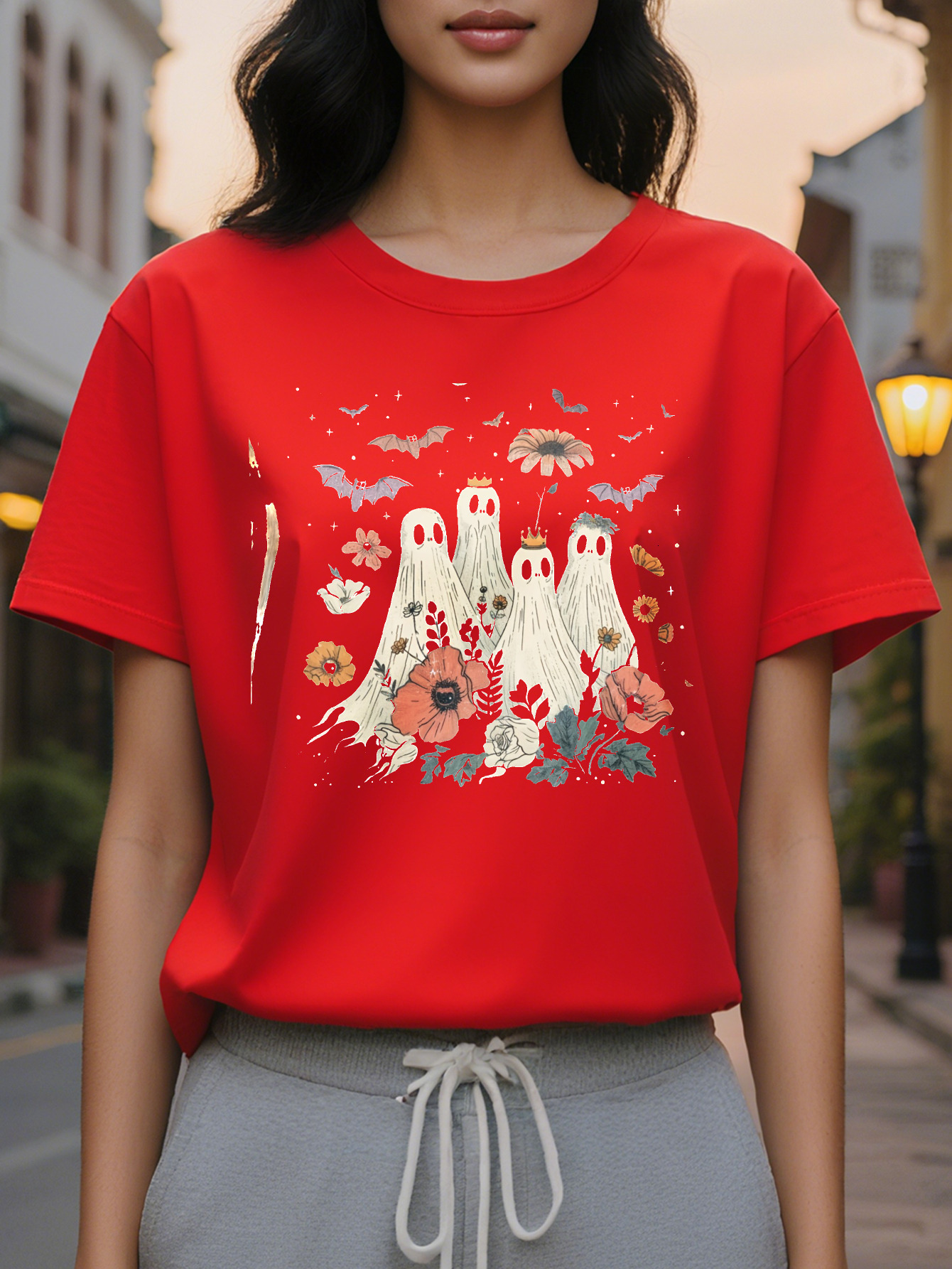 million Holy Festival Women's Casual T-shirt Crown Ghost Flower Bat Pattern soft and breathable round neck