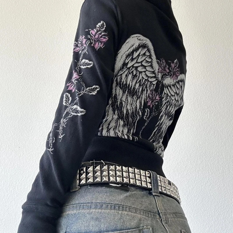 Y2k Grunge Zip Up Sweatshirt Flower Wings Print Slim Fit Hoodies Egirl Gothic Cool Street Outwear 00s Aesthetic Vintage Jacket 250904