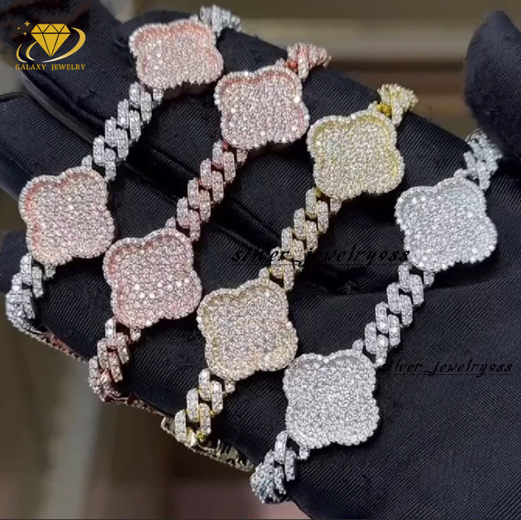 New Arrival Moissanite Chain 6MM Silver 925 Hip Hop Lucky Four Leaf Clover Moissanite Miami Cuban Link Chain Bracelet Necklace