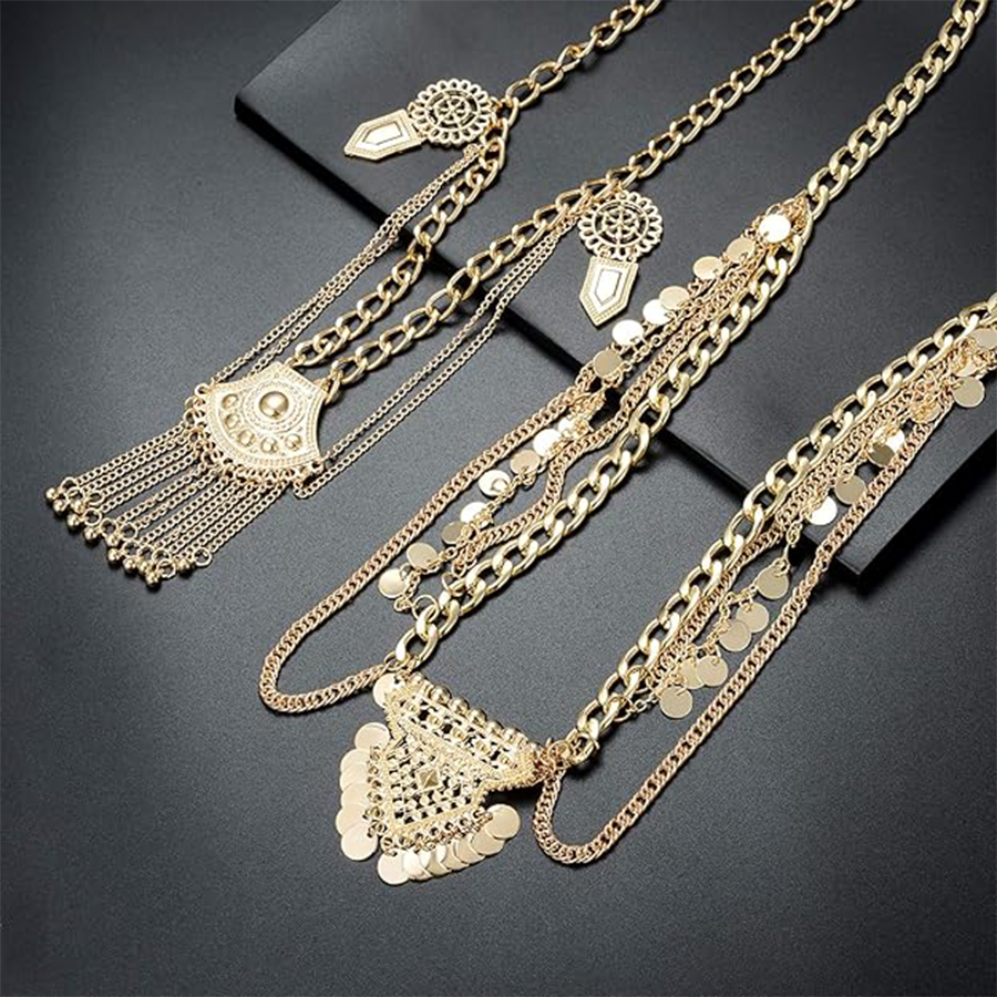 2 PCS Waist Belt Chain Vintage Dangle Dancing Tassel Body Chain Bikini Beach Body Jewelry for Women Gold Tone