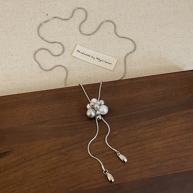 Unique Design Fireworks Pearl Pull Necklace Stud Earrings for Women French Style Personality Versatile Choker Sweater Chain