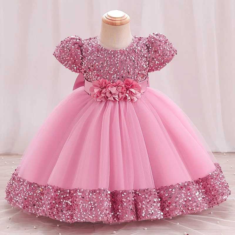 1st Birthday Party Dress for Baby Girls Toddler Princess Childrens Dress New Short Sleeve Sequin Flower Fluffy Dress Z250904