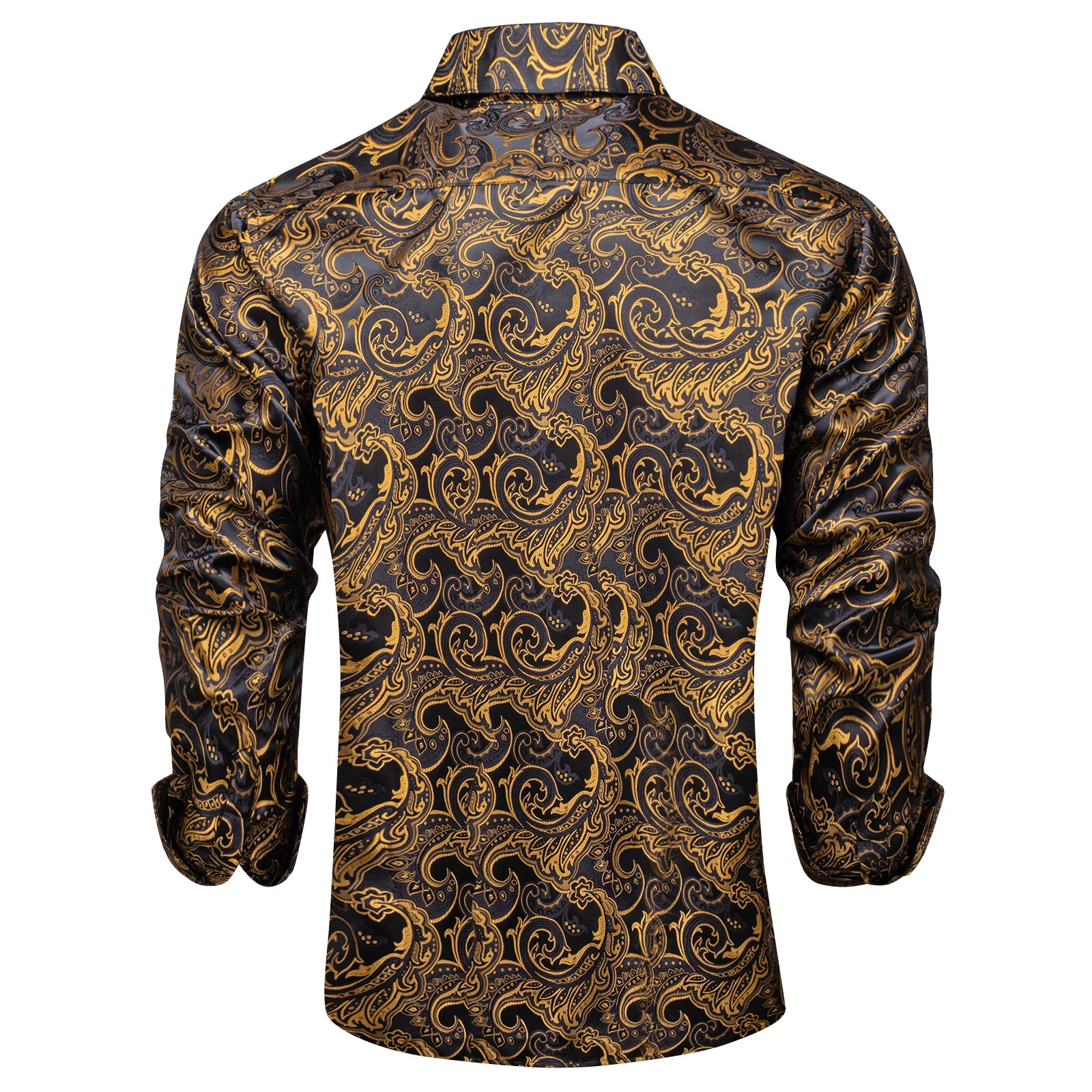 Men Dress Shirt Formal Prom Tuxedo Long Sleeve Silk Polyester Golden Color Paisley Black Shirts Blouse Men Clothing250904
