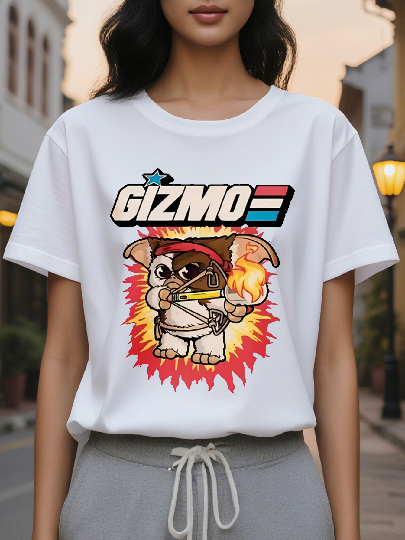 Fashion Glamour Women's GIZMO T-shirt Light Gray Cartoon Dog Print Short Sleeve Round Neck Cotton Spring