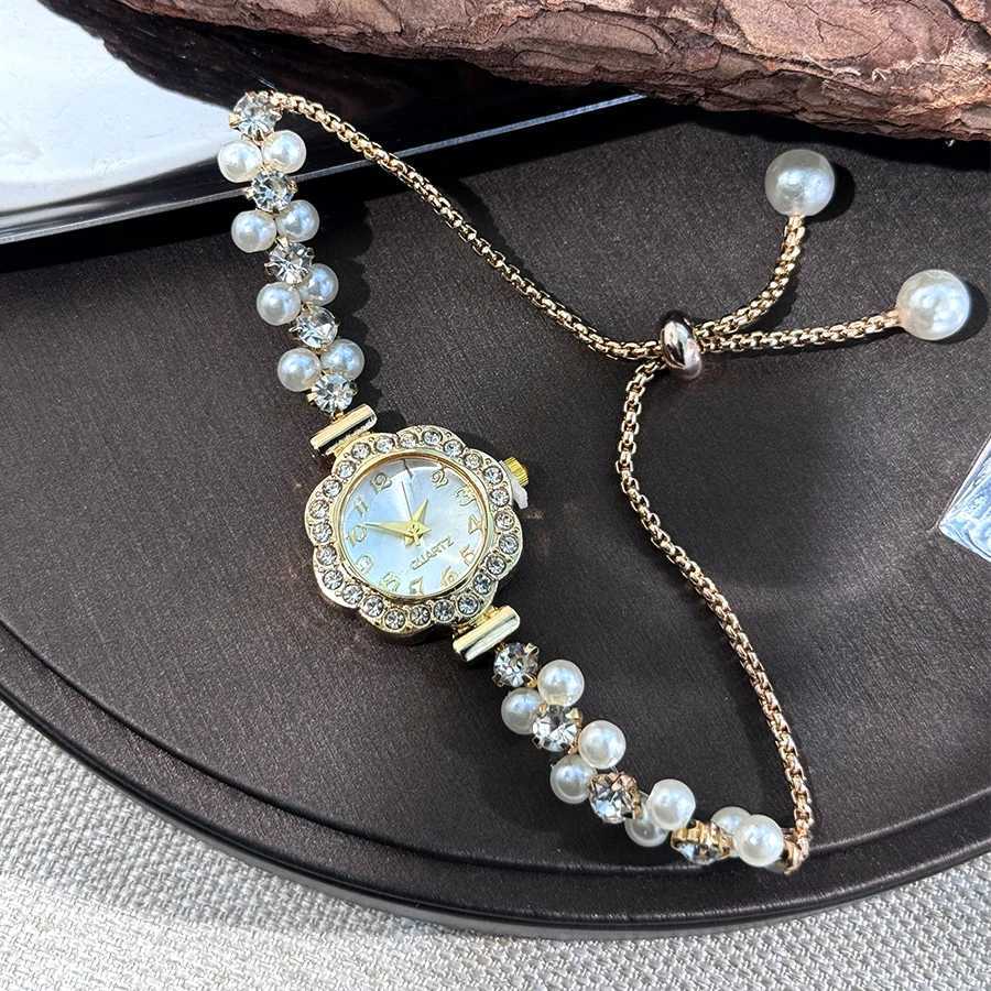 DoubleRow Pearl PlOpen Bracelet DiamondEncrusted Case Arabic Numeral Sc Ladies Quartz Watch X250904