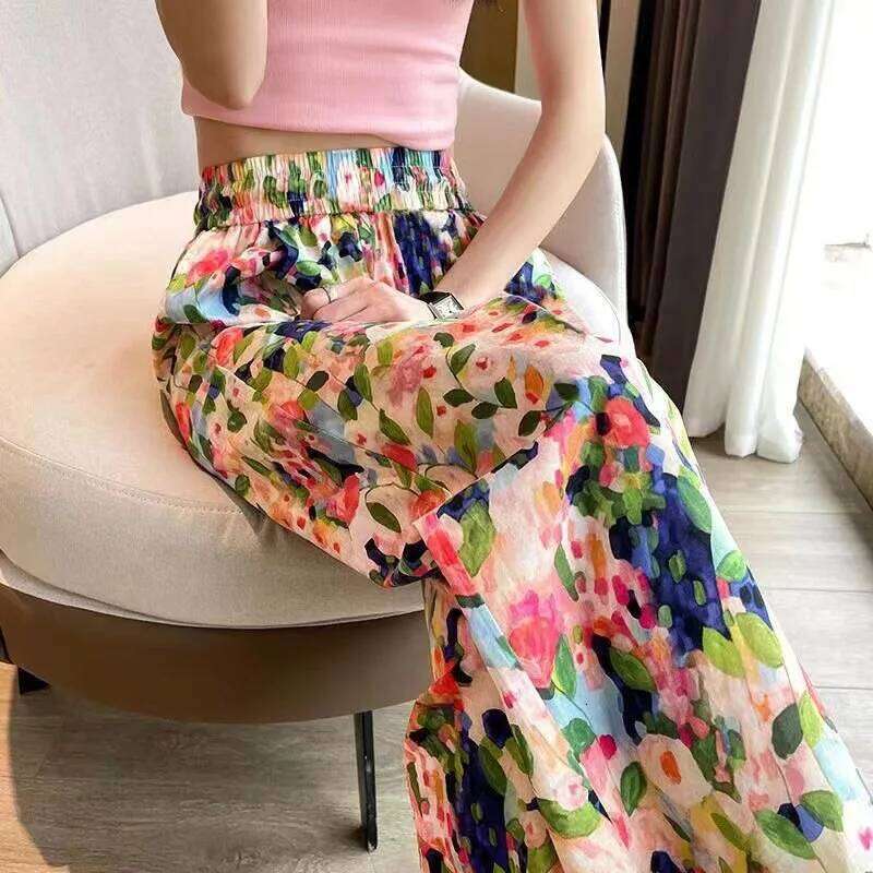 Beach Pants Loose Wide-Leg Female Seaside Leisure INS High Waist Cropped Pant Straight Floral Trousers 2024 Summer New