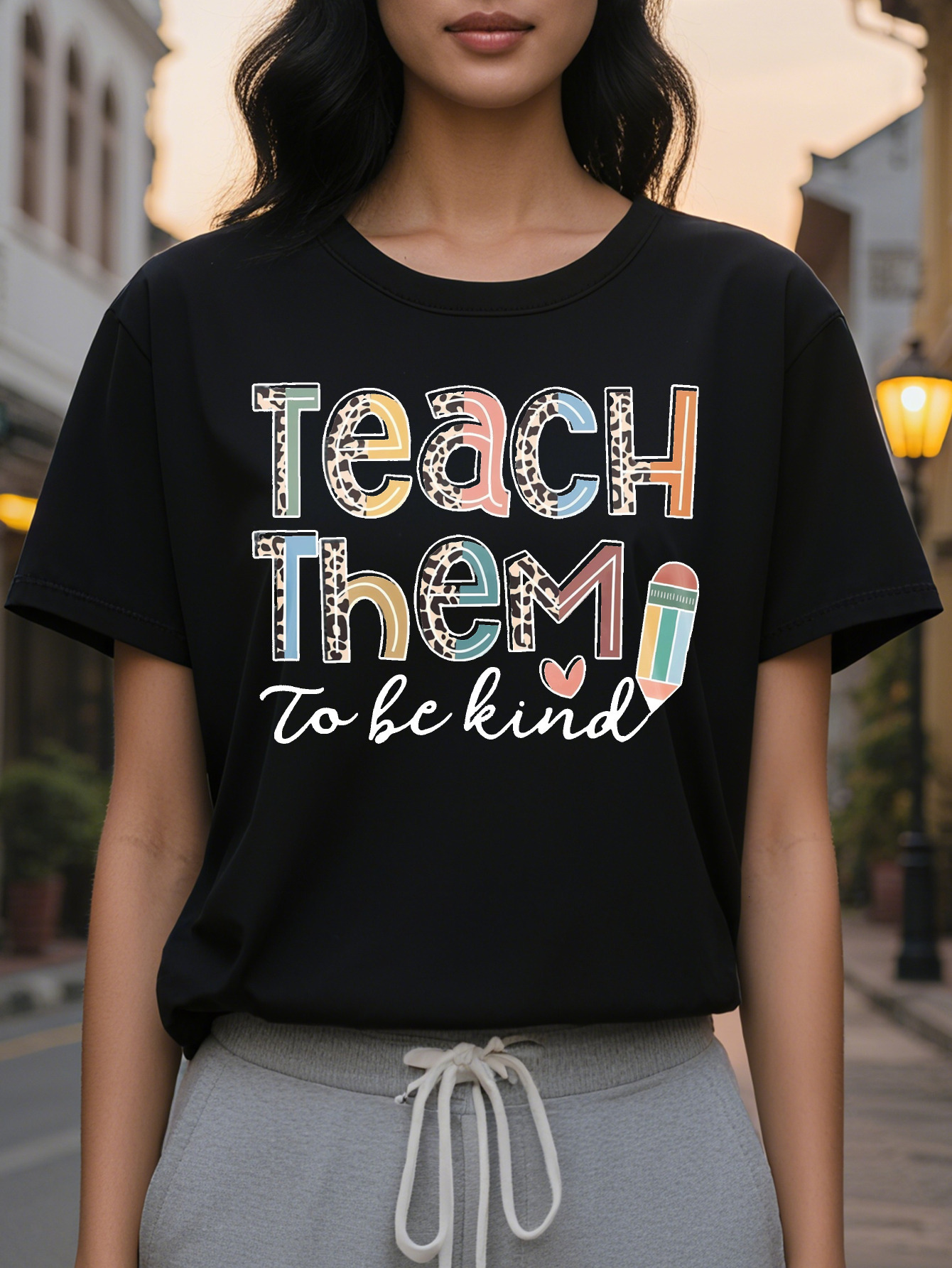 Large XL Vibrant Teach Them Print Crew Neck Short Sleeve T-Shirt Soft Breathable Relaxed Fit Perfect for Spring Summer Women Plus Size