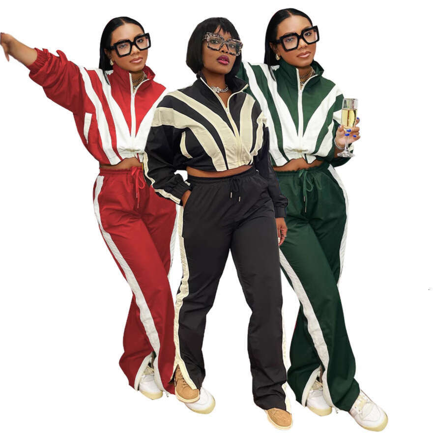 2025 Spring Patchwork Color Block Zipper Long Sleeve Short Jacket + High Waist Straight Pants Casual Fashion Two-Piece Set