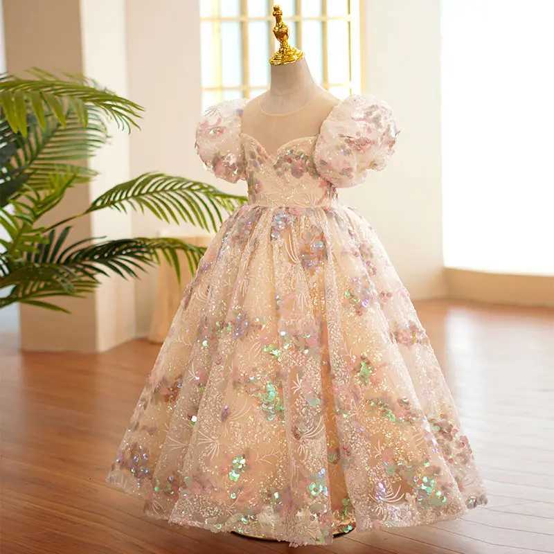 Girls Sequin Floral Princess Dress with Puff Sleeves for Special Occasions Pageants Birthdays Formal Banquets Z250904
