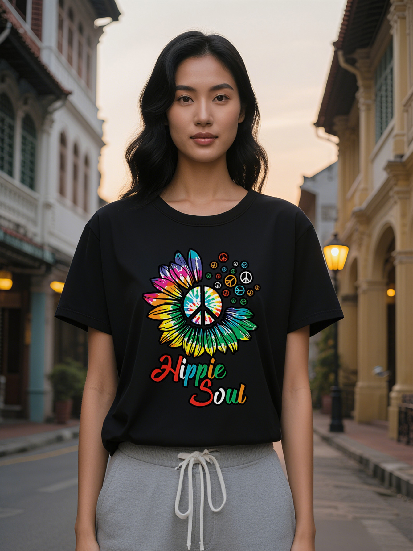 Large XL Women's Casual Graphic T-Shirt Hippie Soul Design with Colorful Peace Symbols Suower Motif Black Round Neck Summer Plus Size