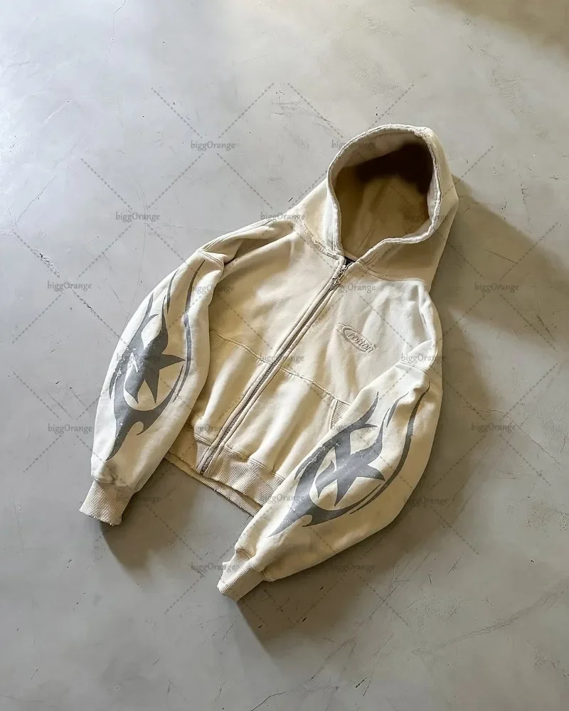 Harajuku High Street Trendy Printed Zipper Hoodie Men Y2K American Clothing Fashionable Super Sweatshirt 250904