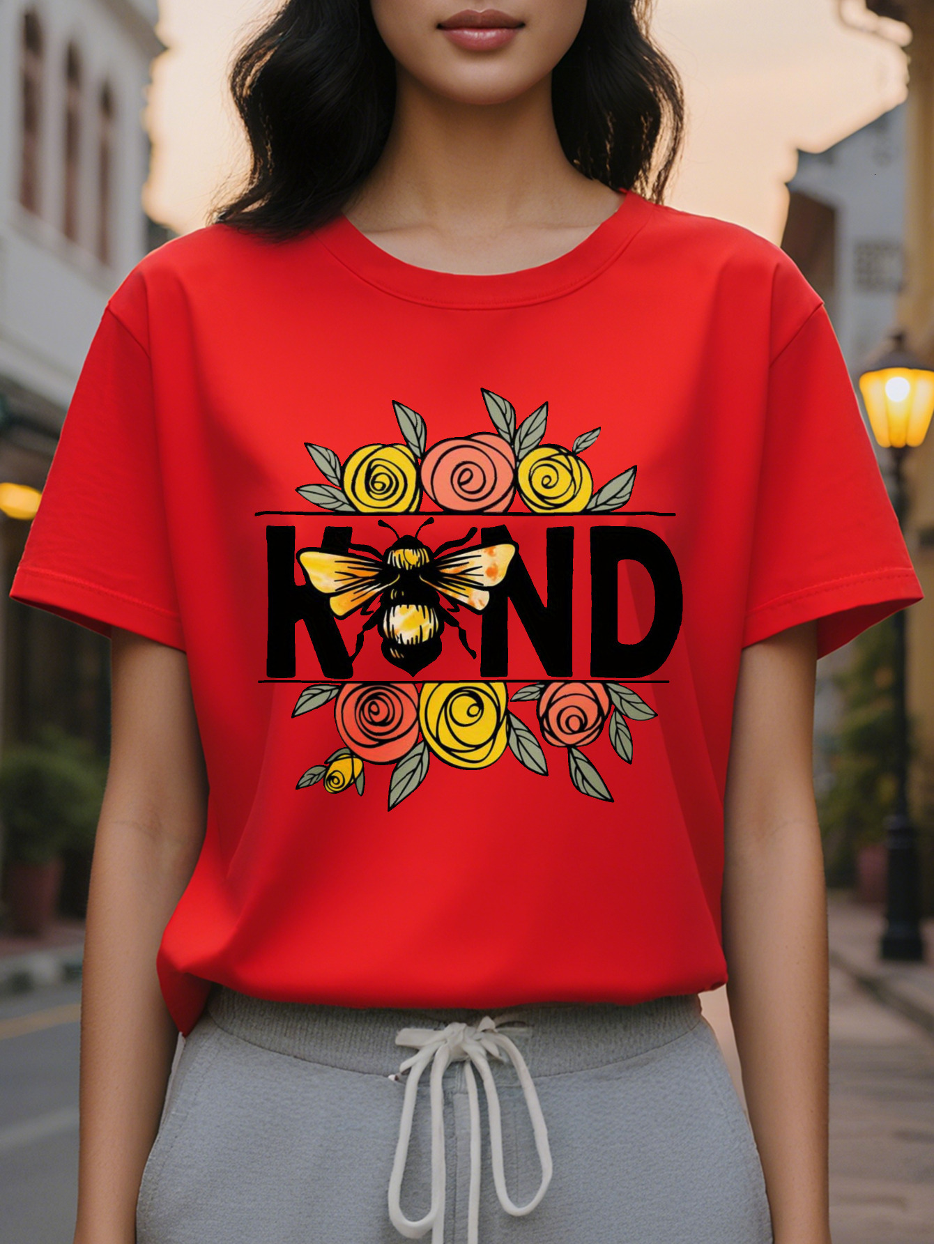 Women's Be Kind T-shirt, white shirt with eye-catching KIND letters, floral decoration, soft for daily summer wear