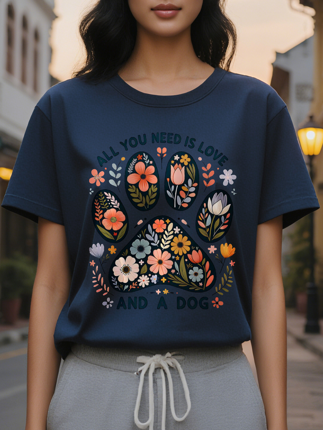 Women's Funny Pet Lover All You Need Love and Pattern T-Shirt White Shirt with Floral Paw Print Lightweight