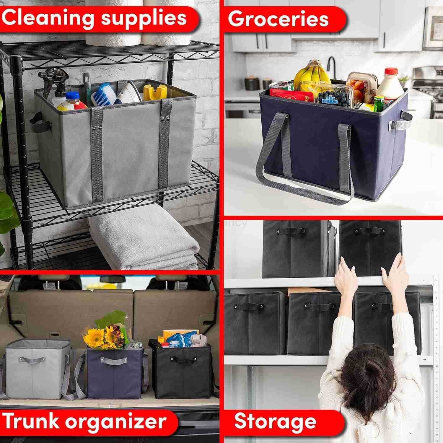 4pk Reusable Grocery Bags Shopping Bags Tote Box Large Heavy Duty Groceries Bag Handles Foldable Reinforced Bottom Navy BlueGrayW250904