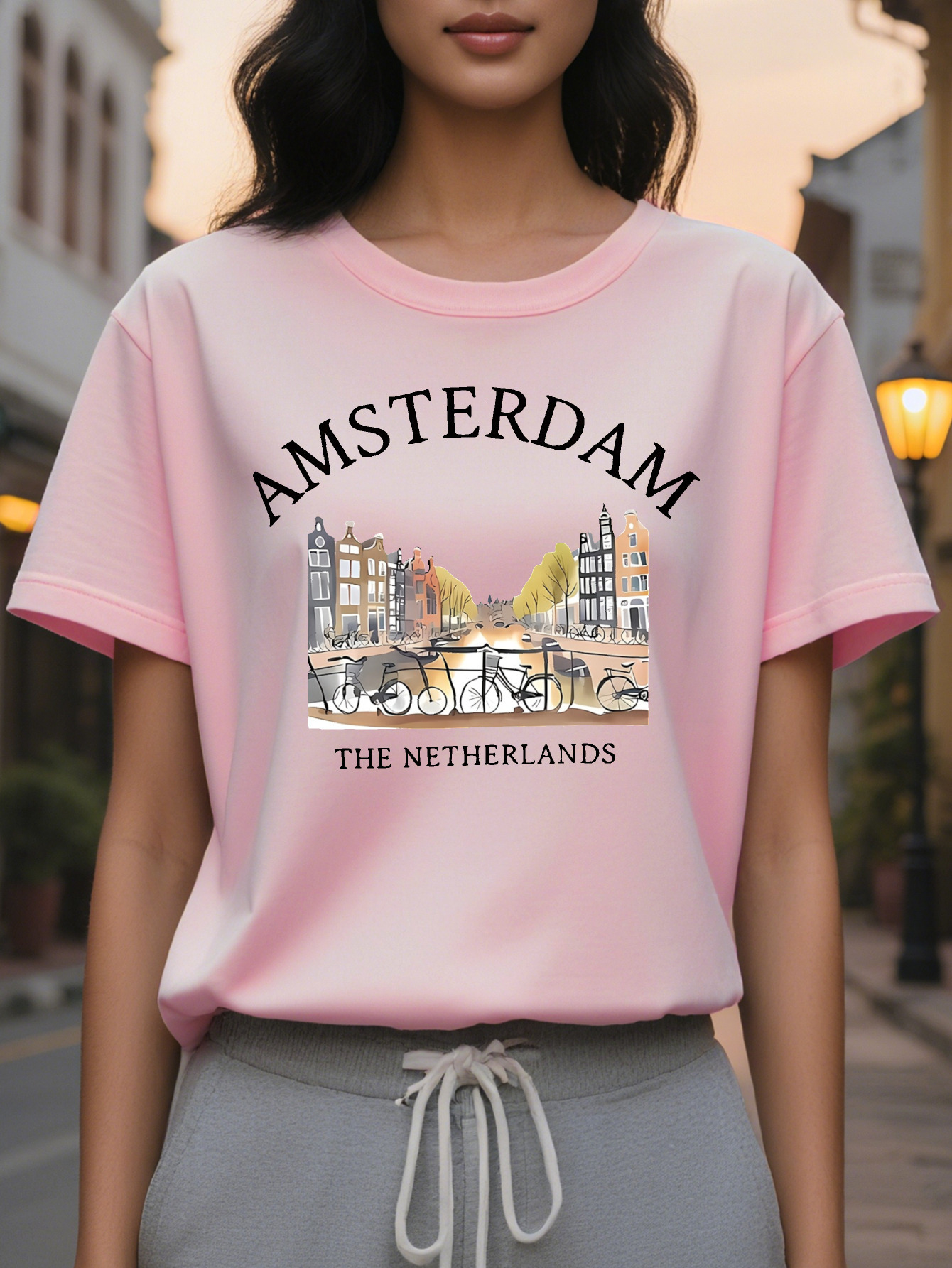 Large XL Soft Stretch Women's Graphic Print T-Shirt Amsterdam Netherlands Dutch Architecture Canals Breathable Spring Summer Plus Size