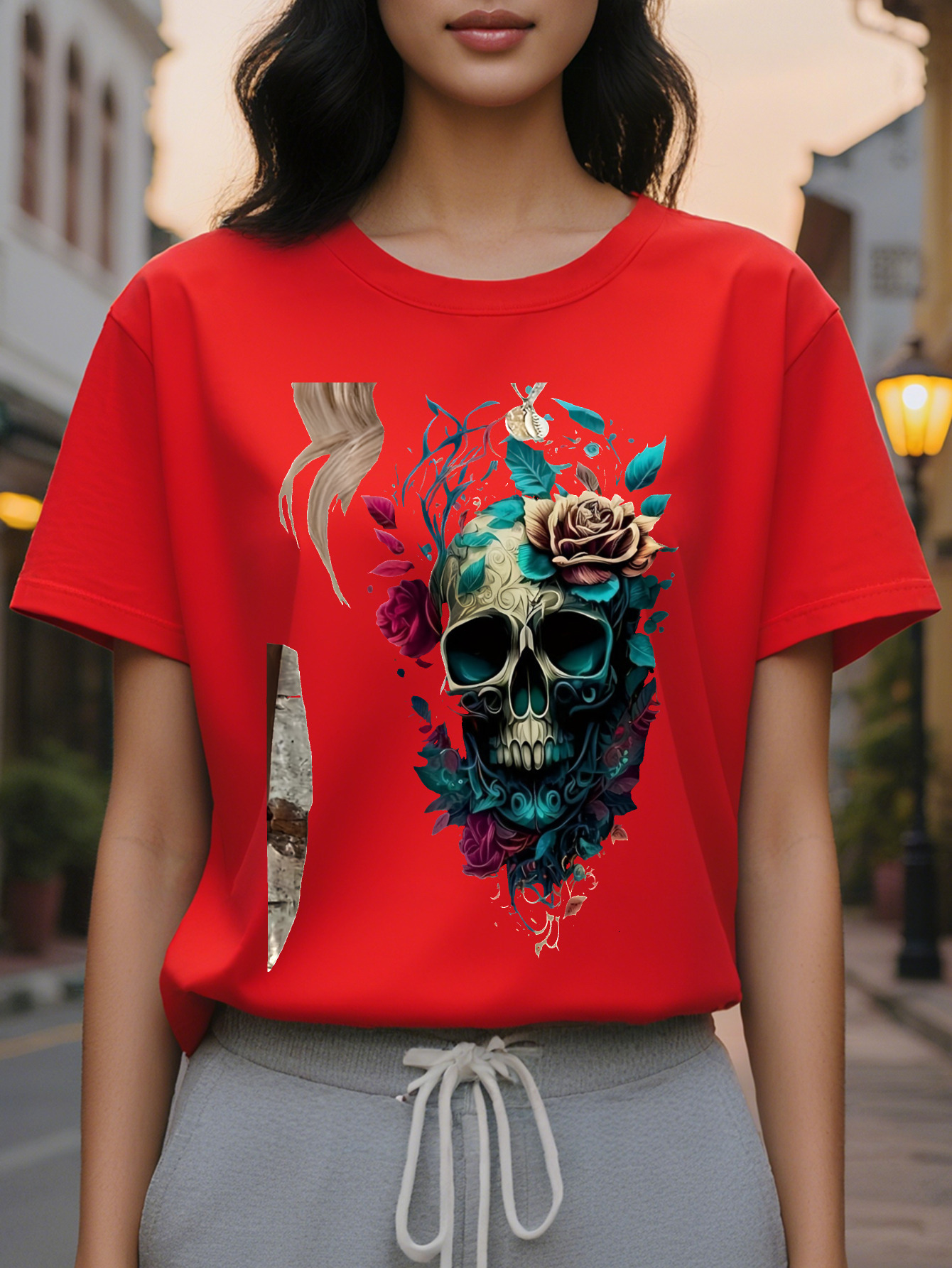 Women's casual round neck T-shirt with floral skull print, cotton knitted fabric, regular length, all-season top