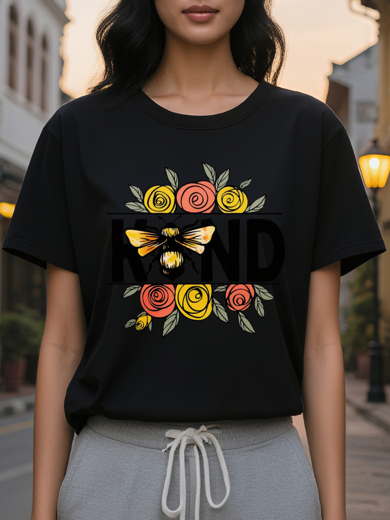 Women's Be Kind T-shirt, white shirt with eye-catching KIND letters, floral decoration, soft for daily summer wear