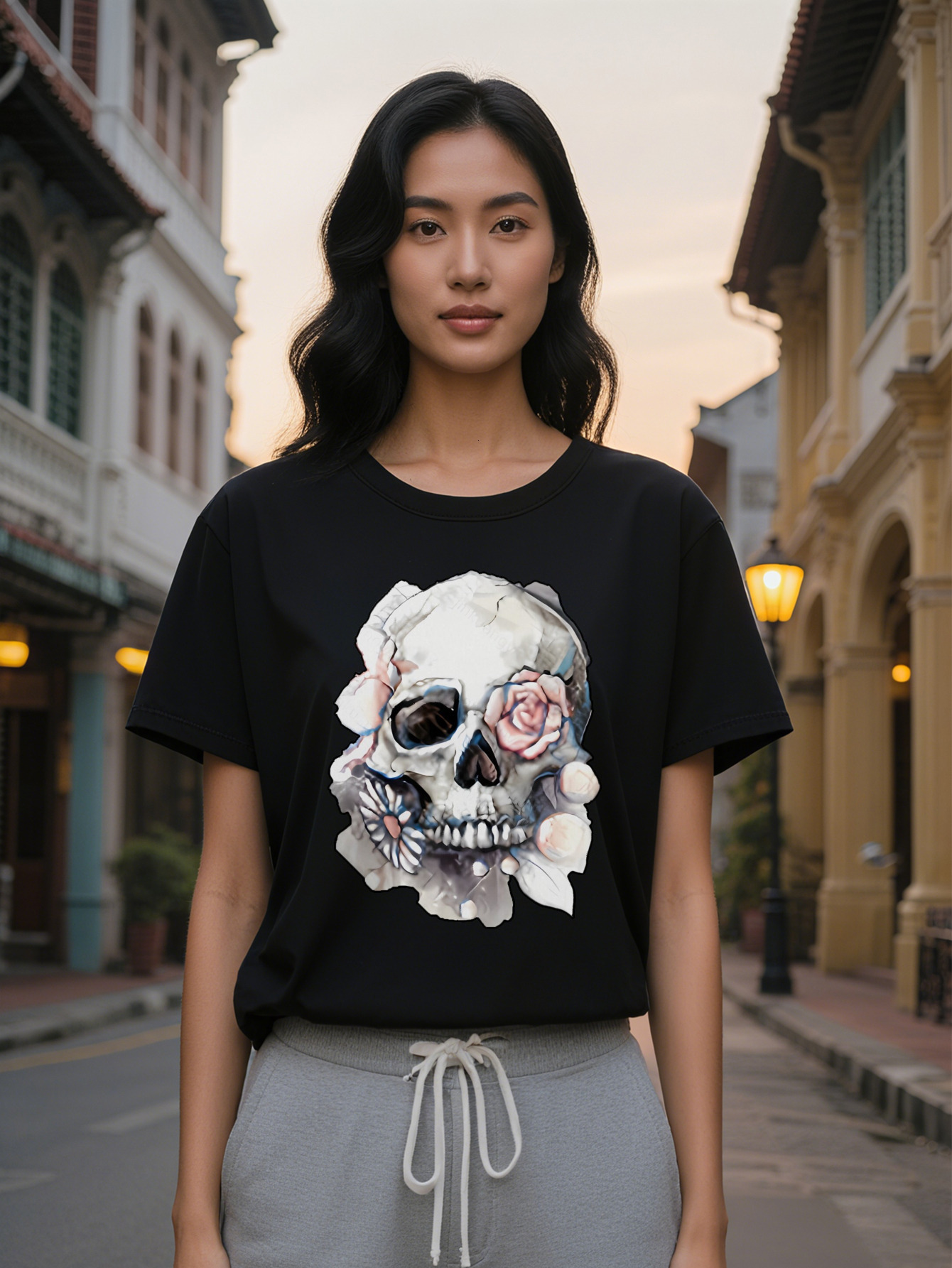 Large XL Casual Crew Neck T-Shirt with Intricate Floral Skull Print Soft Pure Cotton Short Sleeve Black Perfect Gift for Plus Size