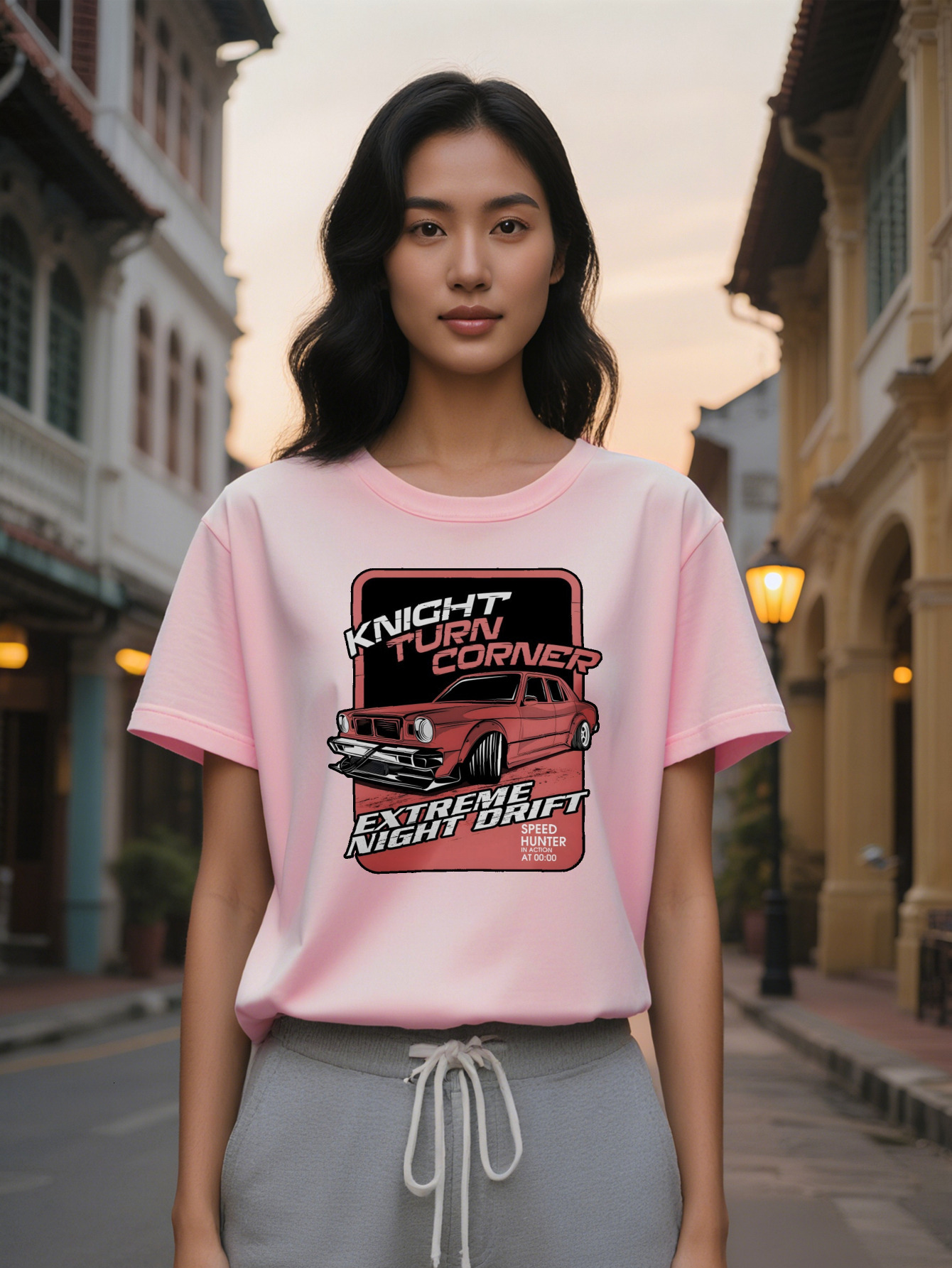 Large XL Lady Crew Neck T-Shirt with Red Graphic Knight Turn Corner Design Extreme Night Drift Text Perfect for Enthusiasts Plus Size