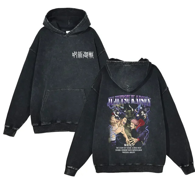 440g Heavyweight Washed Vintage Jujutsu Kaisen Anime Battle Retro Cotton Hoodie Streetwear - VT1673