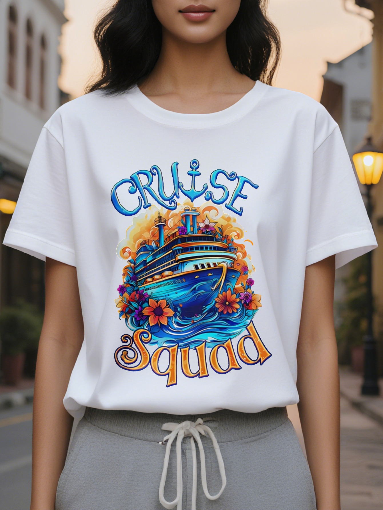 CRUISE American Printed Pattern Spring and Summer New Fashion Round Neck T-shirt Slim Fit Slimming Women's Short Sleeve