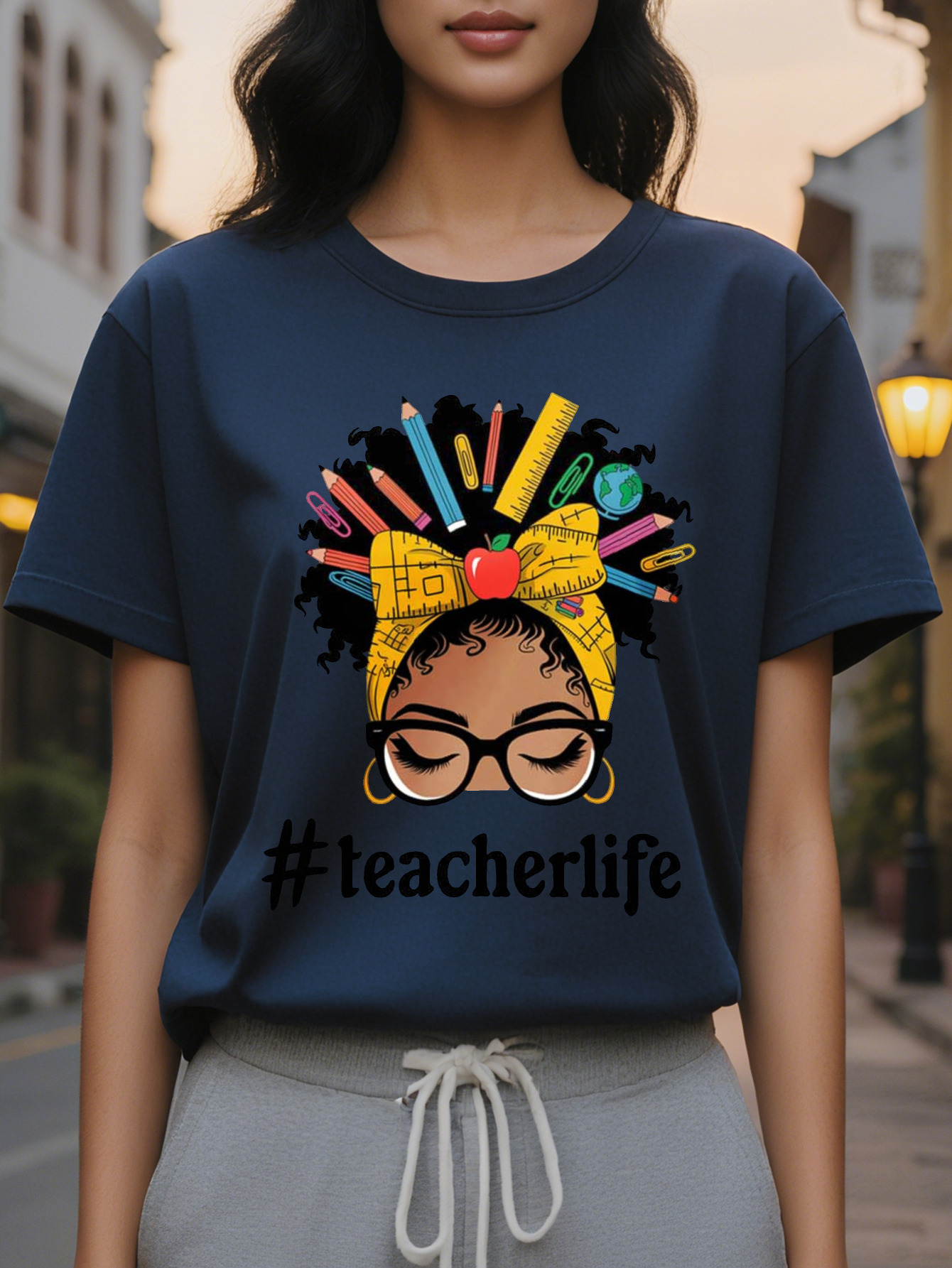 Women Black History Sleeve T-Shirt Round Neck Casual Top Designed Teacher Life Colored Pencil Floral Illustration