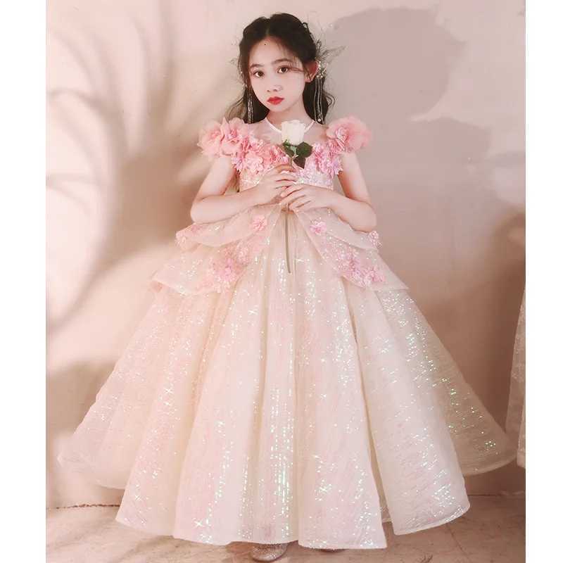Girls Pink Host Dress Princess Dress Children High-end Affordable Luxury Niche Flower Girl Piano Playing Performance Costume Z250904