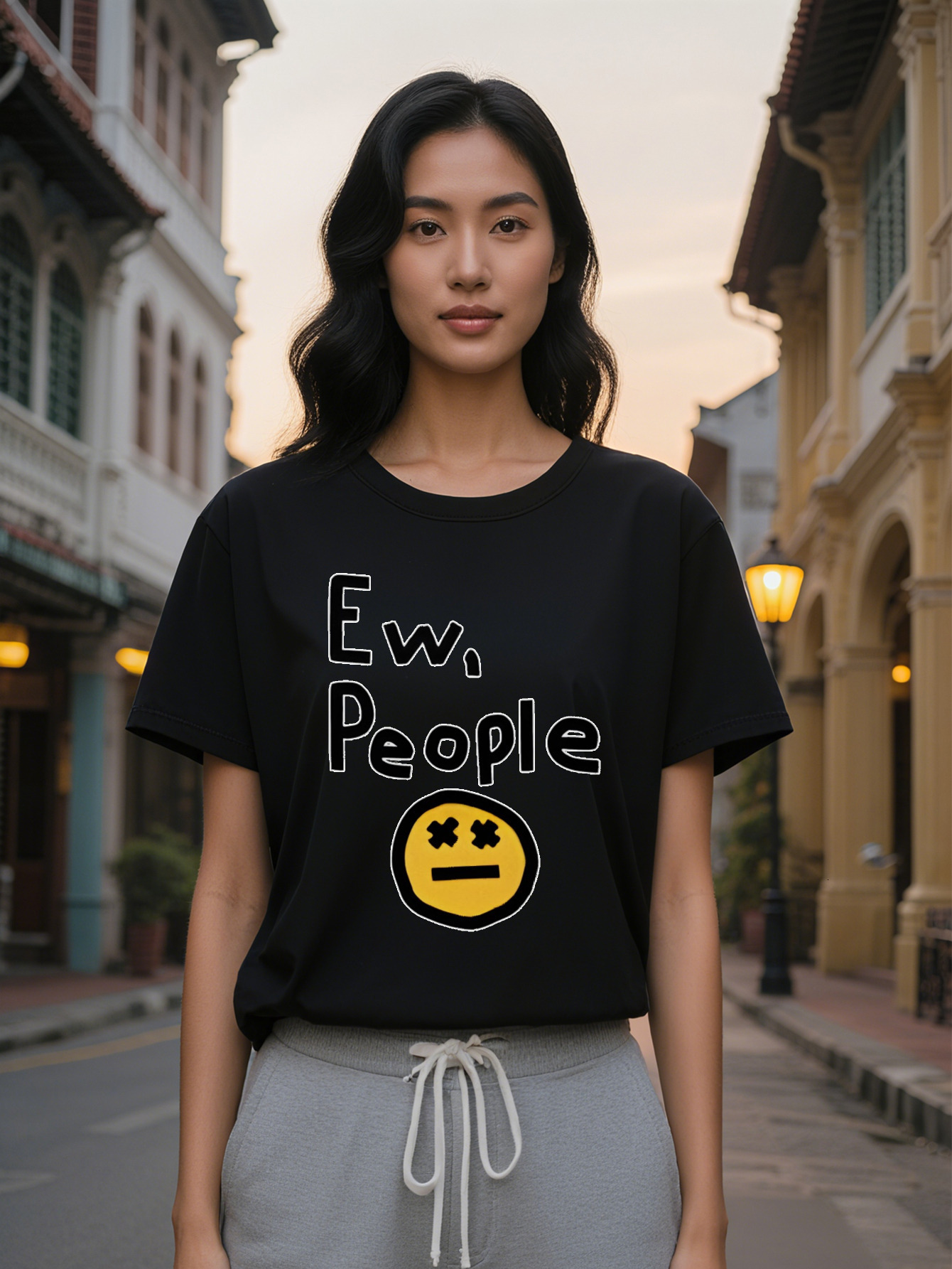Lady Casual Graphic Print T-Shirt EW People Text Yellow Joyful Face Design with Lines Black Round Neck Summer Tee