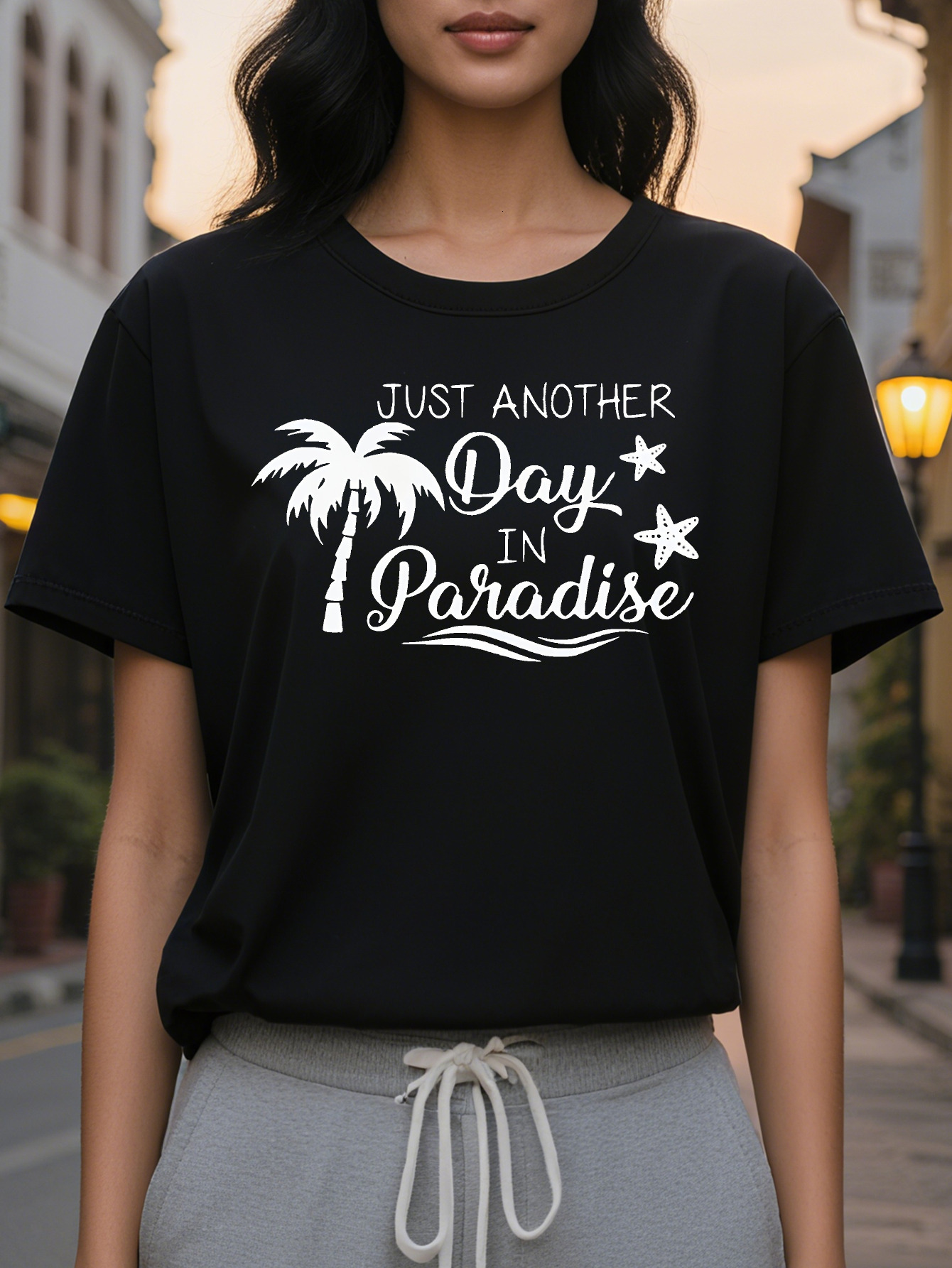 Large XL Chic Women's Coconut Tree Print Tank Top Just Another Day in Paradise Design Dark Blue Round Neck Washable Plus Size