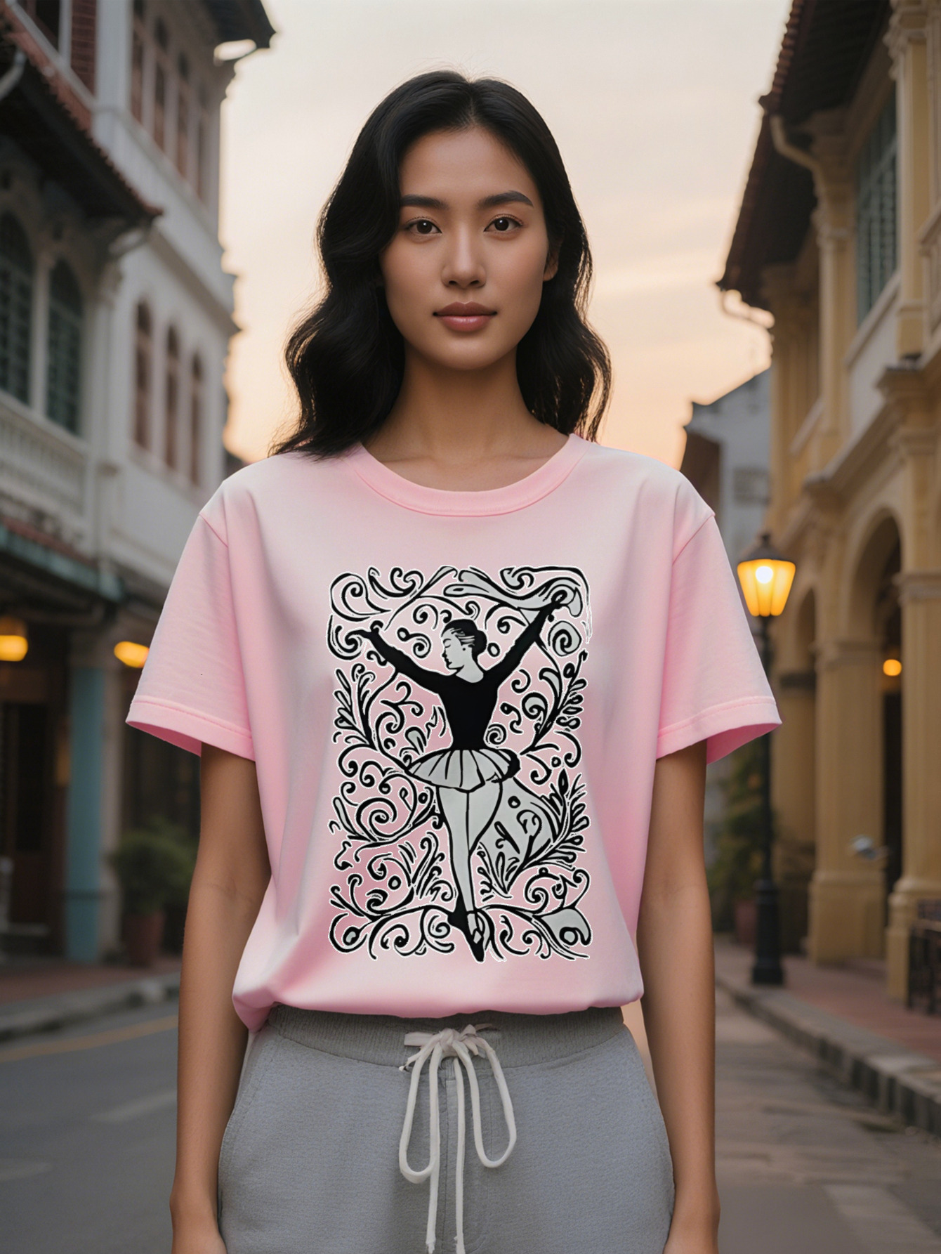 Large XL Lady Casual Ballet Dancer Graphic T-Shirt Black Long Sleeve Crewneck Tee with Intricate Dance Print Perfect Gift for Plus Size