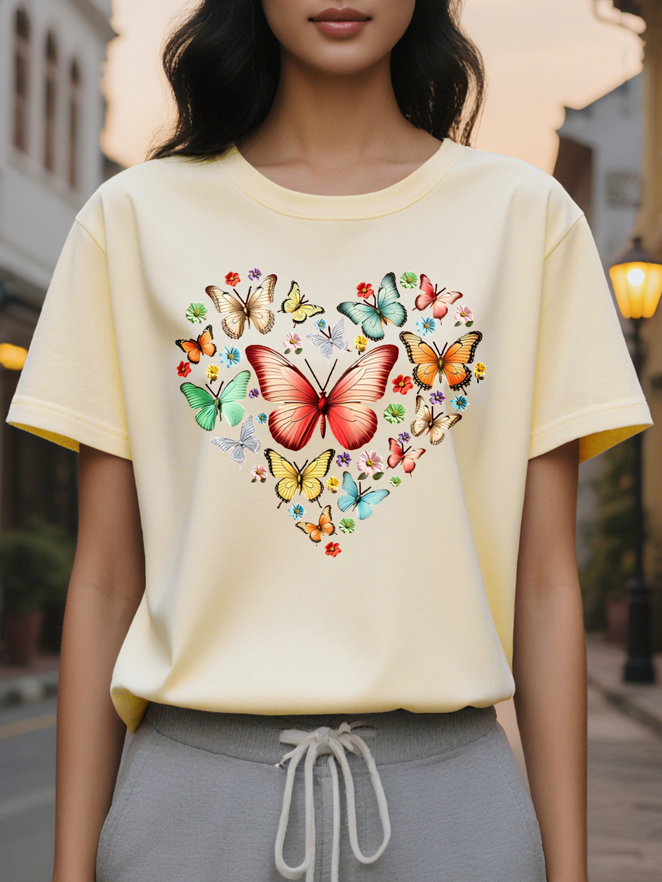 Women s Casual Short Sleeve Crew Neck T-Shirt Floral Heart Butterfly Print Soft Pink Semi Sheer H-Line Top