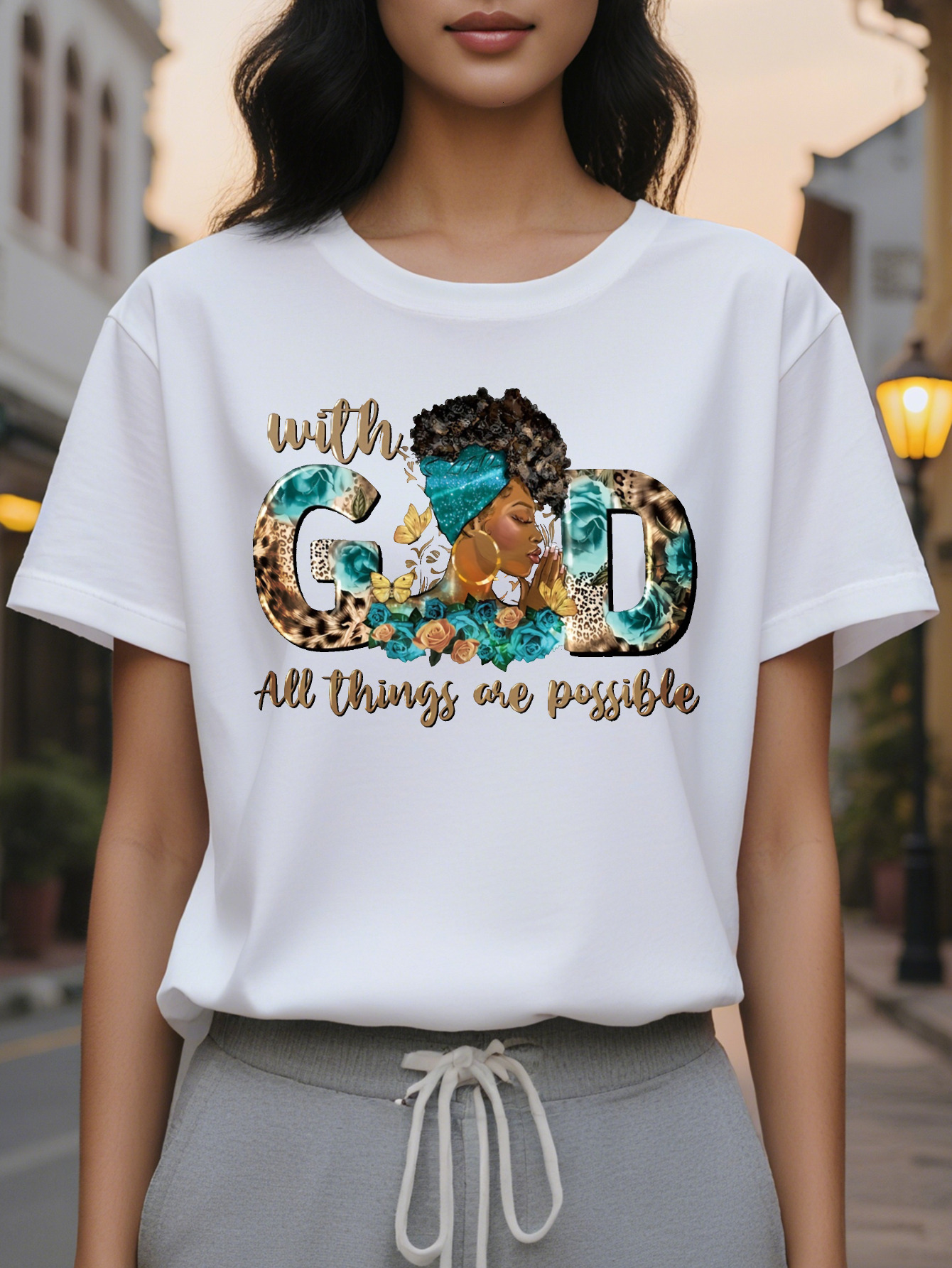 Large XL Vibrant Cartoon GOD Print T-Shirt Soft Mid Elasticity Cotton Crew Neck Casual Top for Spring Summer Fall Plus Size