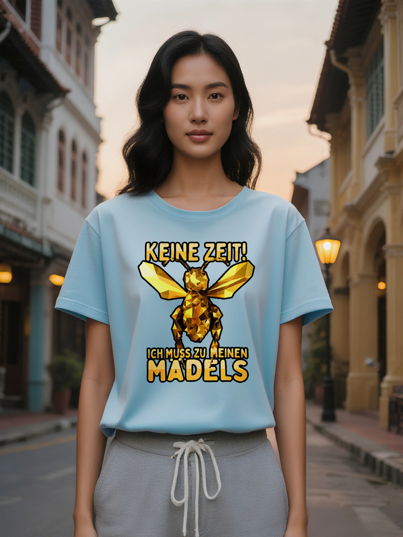 Large XL Women's Casual Print T-Shirt Black Crew Neck Tee with Golden Geometric Bee Design No Time Text Perfect Summer Plus Size