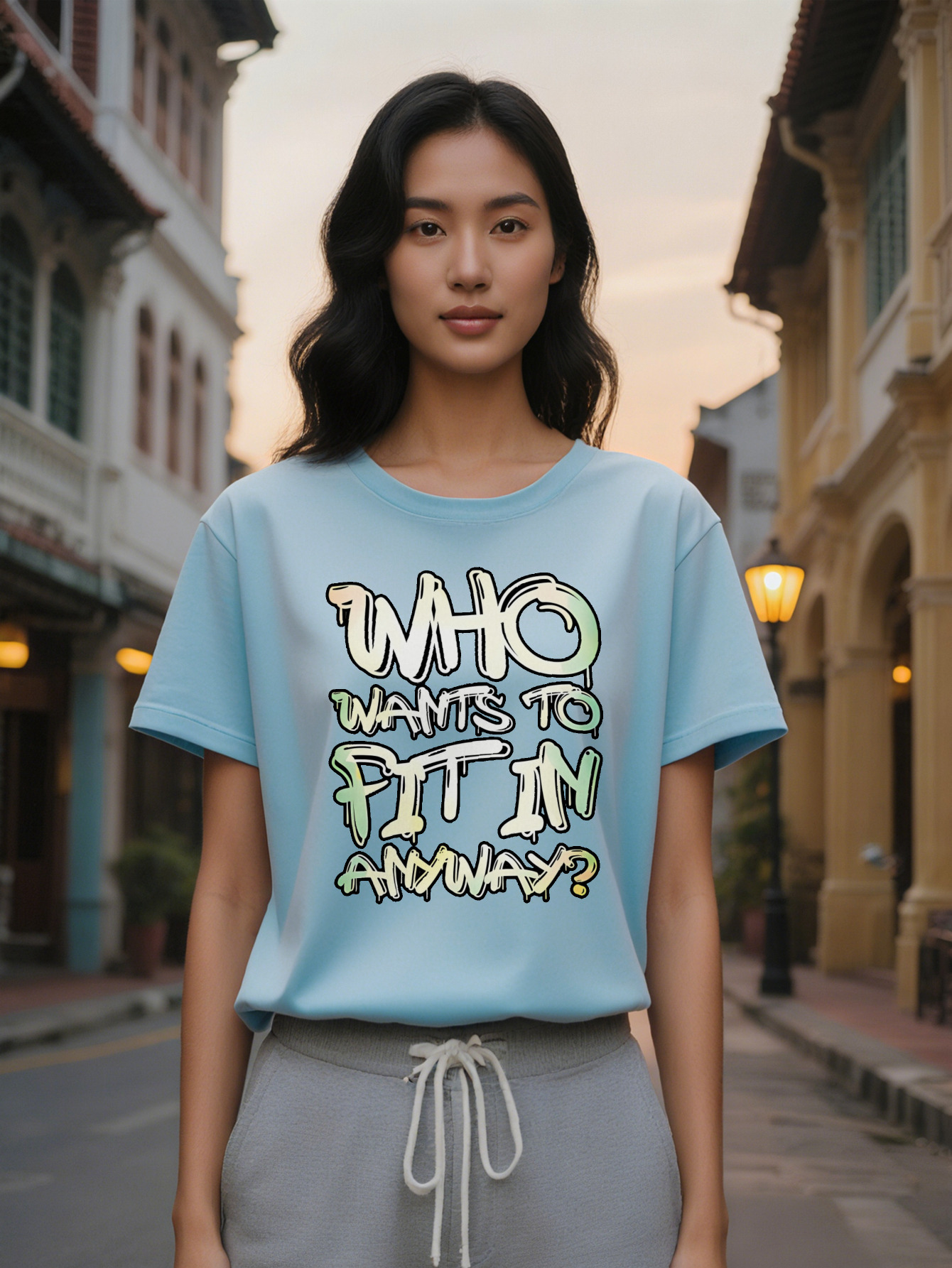 Large XL Women's Graphic T-Shirt with Bold "WHO WANTS TO FIT IN ANYWAY" Print Black Light Green Tee Regular Fit Round Neck Plus Size